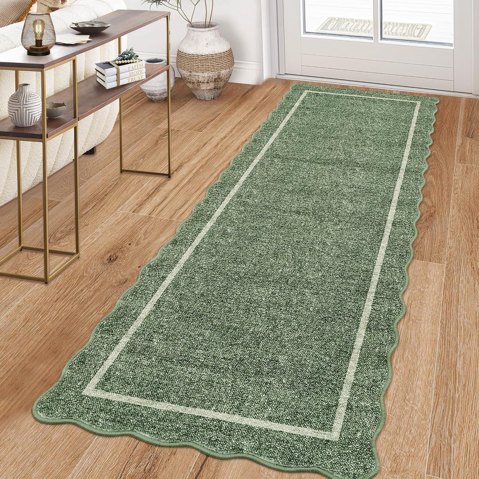 LocalStock Scalloped Washable Kitchen Runner Rug 2x8, Beige Runners for Hallway, Non Slip Boho Soft Bathroom Throw Mat Bordered Carpet Runner for Laundry Entryway Bedroom 2 ft x8 ft Beige - Image 47