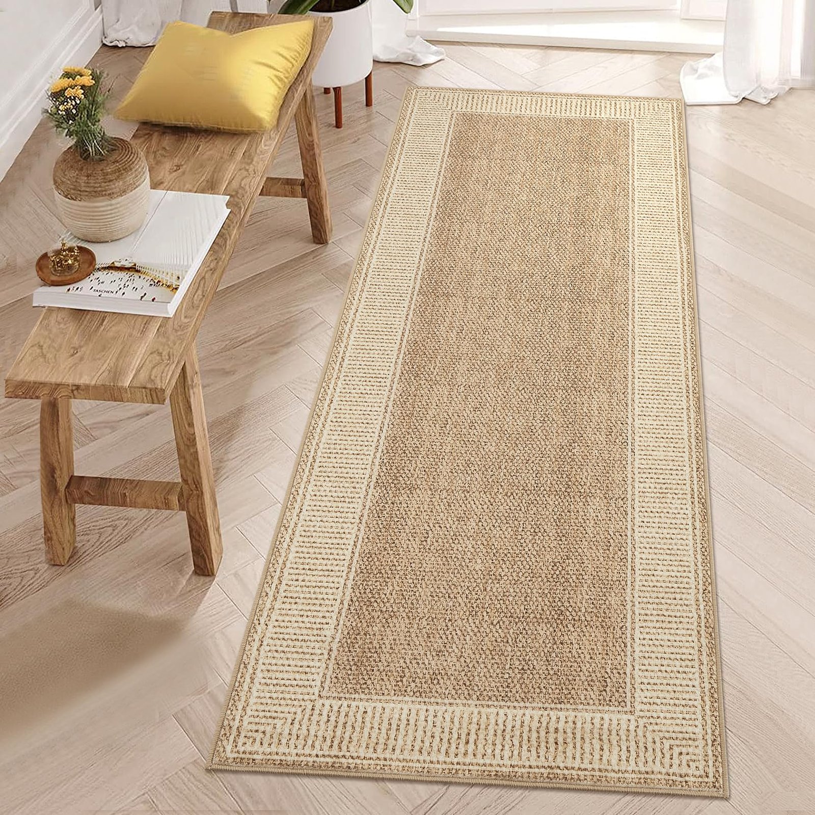 LocalStock Washable Rug 5x7 for Bedroom Large Living Room Rug with Rubber Backing Casual Striped Border Throw Carpet Modern Contemporary Area Rug for Dining Room Nursery Entry, Khaki - Image 6