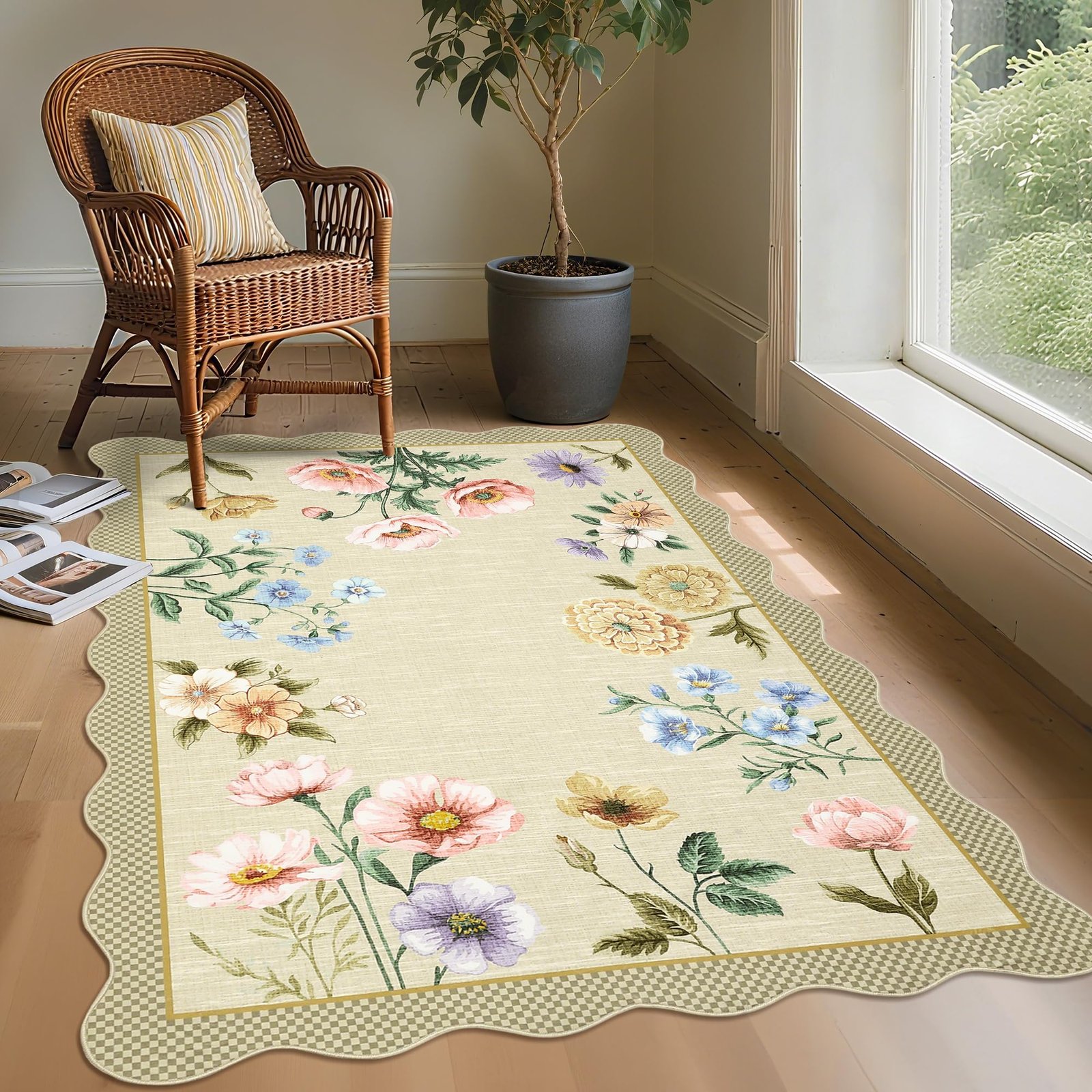 LocalStock Floral Scalloped Living Room Rug, 5x7 Area Rugs Ultra-Thin Soft Washable Rug, Non-Slip Rugs for Bedroom Stain Resistant Boho Low-Pile Throw Carpet for Dining Room Playroom Nursery, Green - Image 9