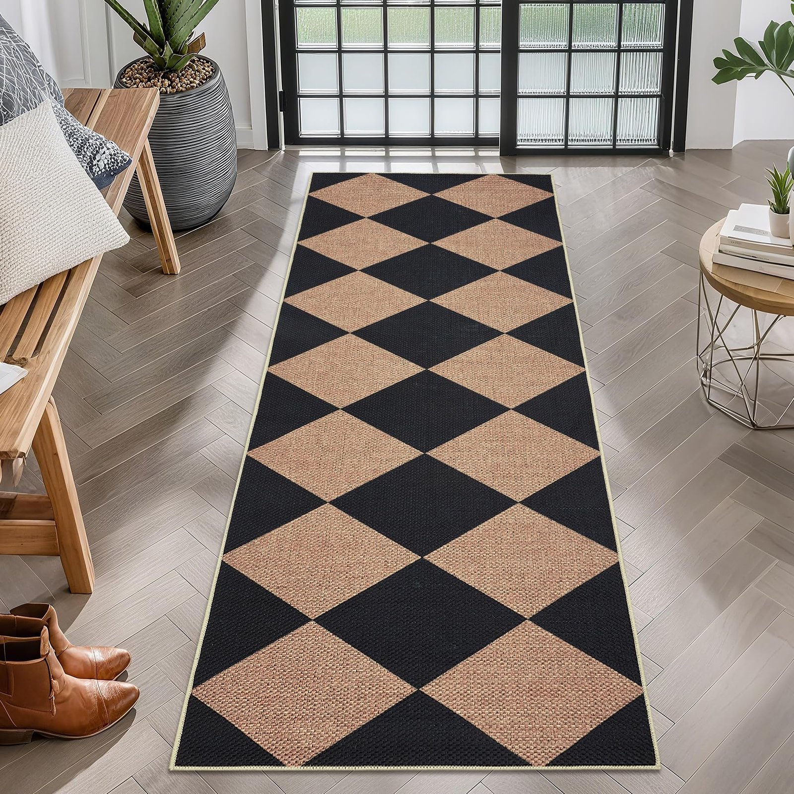 LocalStock Checkered Easy Jute 3x5 Entryway Rug Machine Washable Outdoor Patio Rug Non-Slip Backing Checkerboard Black Indoor Outdoor Carpet for Hallway Bathroom Kitchen Bedroom - Image 33