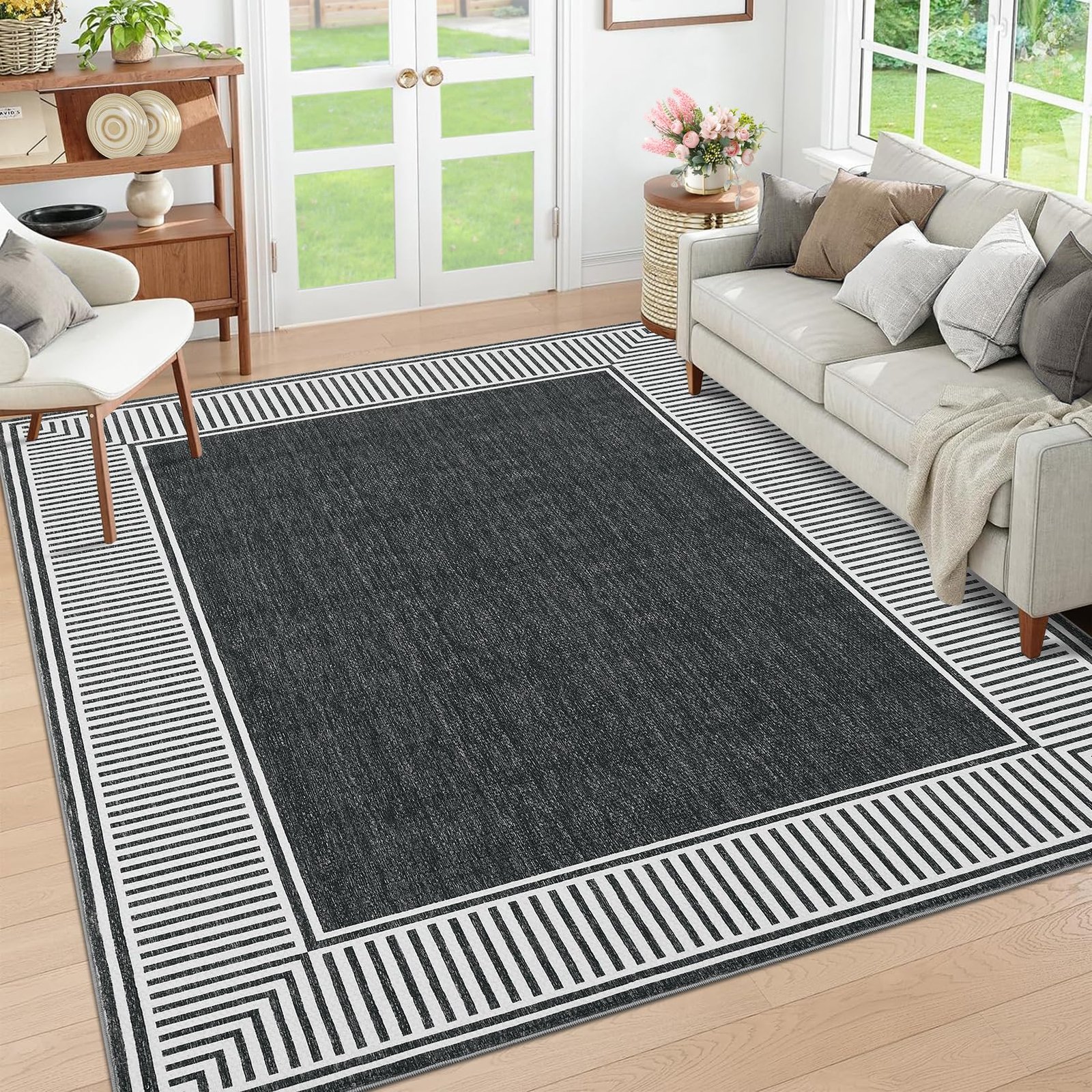 LocalStock Washable Rug 5x7 for Bedroom Large Living Room Rug with Rubber Backing Casual Striped Border Throw Carpet Modern Contemporary Area Rug for Dining Room Nursery Entry, Khaki - Image 5