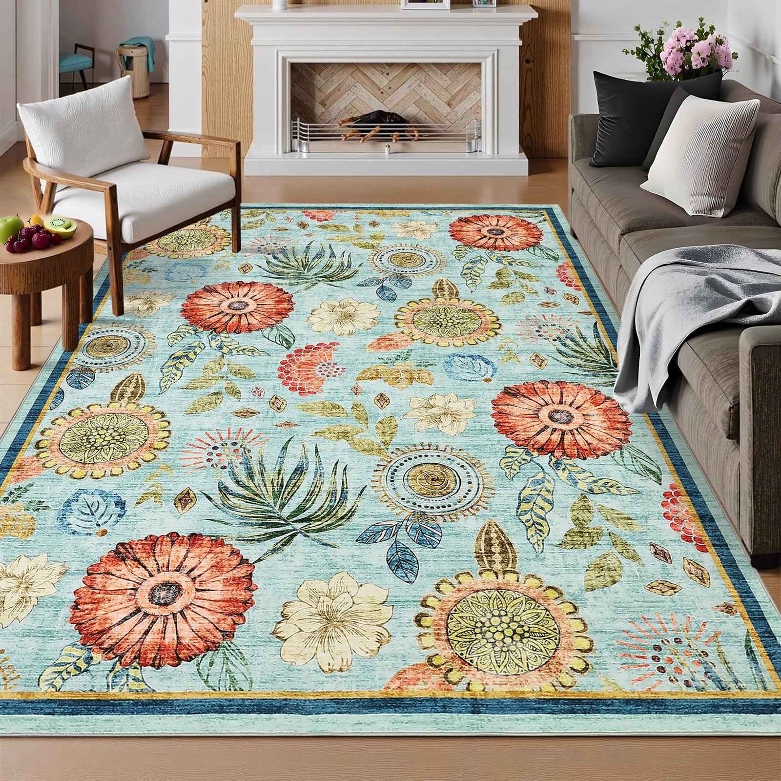 LocalStock 5x7 Floral Washable Area Rug: Large Living Room Area Rug with Non-Slip Backing Washable Ultra Soft Bedroom Floral Carpet Indoor Stain Resistant Carpet for Dining Room 5 * 7 ft Light Blue - Image 4