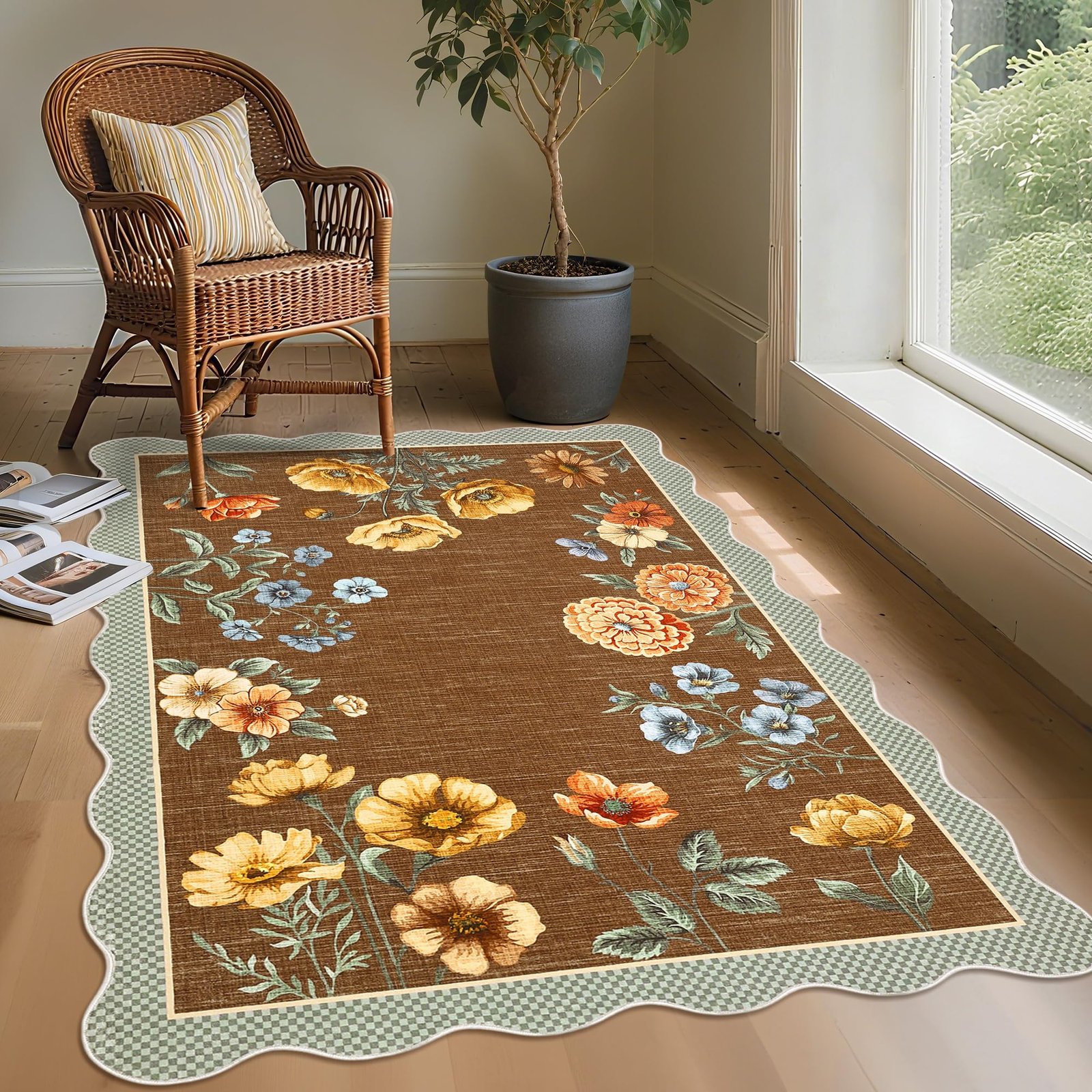 LocalStock Floral Scalloped Living Room Rug, 5x7 Area Rugs Ultra-Thin Soft Washable Rug, Non-Slip Rugs for Bedroom Stain Resistant Boho Low-Pile Throw Carpet for Dining Room Playroom Nursery, Green - Image 27