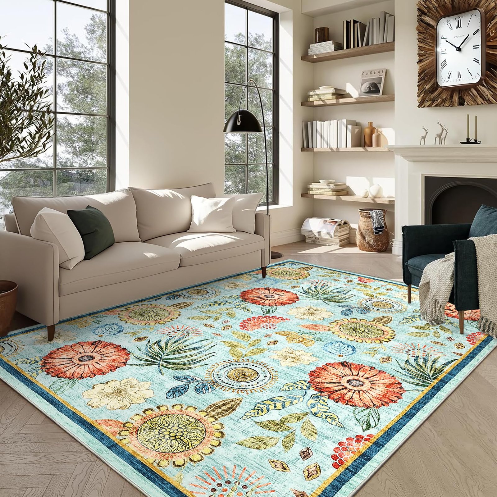 LocalStock 5x7 Floral Washable Area Rug: Large Living Room Area Rug with Non-Slip Backing Washable Ultra Soft Bedroom Floral Carpet Indoor Stain Resistant Carpet for Dining Room 5 * 7 ft Light Blue - Image 13