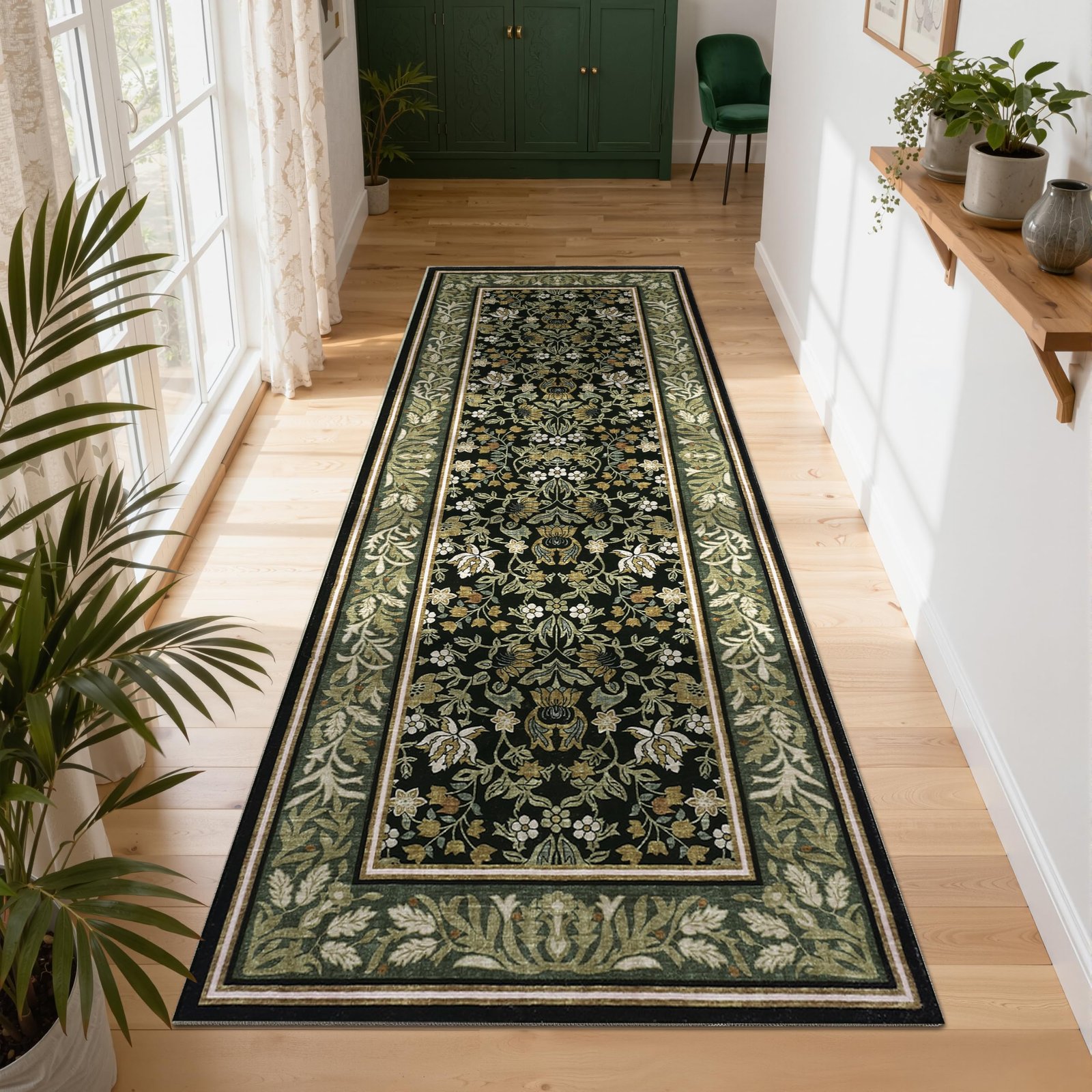LocalStock 5x7 Washable Area Rugs for Living Room, Boho Vintage Rug Non Slip Low Pile Stain Resistance Indoor Soft Large Throw Carpet for Bedroom Dining Room Office Green Black - Image 15