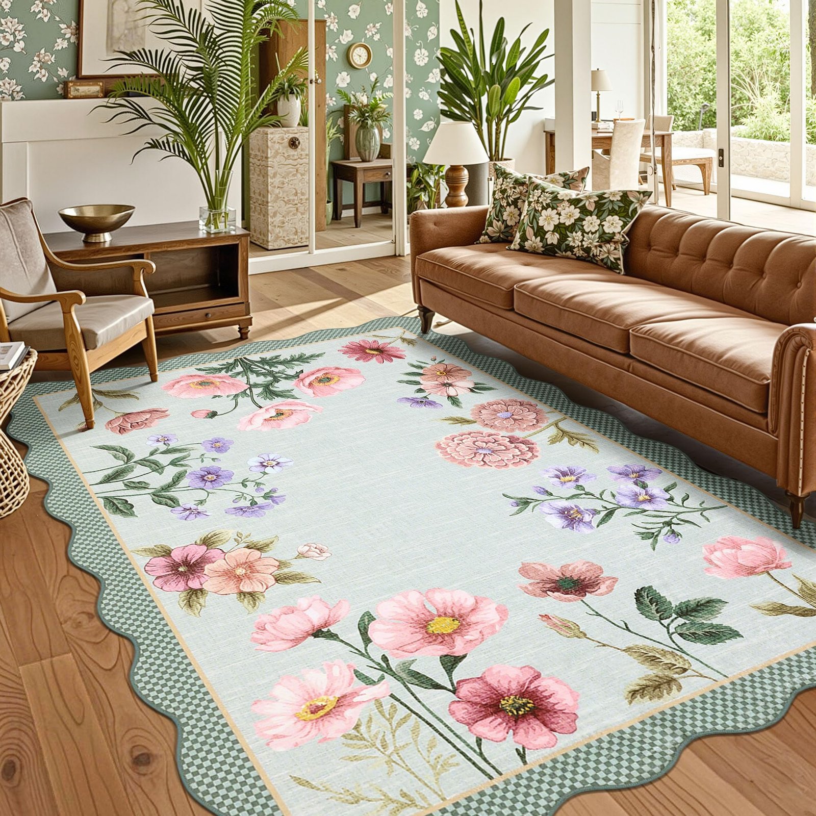 LocalStock Floral Scalloped Living Room Rug, 5x7 Area Rugs Ultra-Thin Soft Washable Rug, Non-Slip Rugs for Bedroom Stain Resistant Boho Low-Pile Throw Carpet for Dining Room Playroom Nursery, Green - Image 39