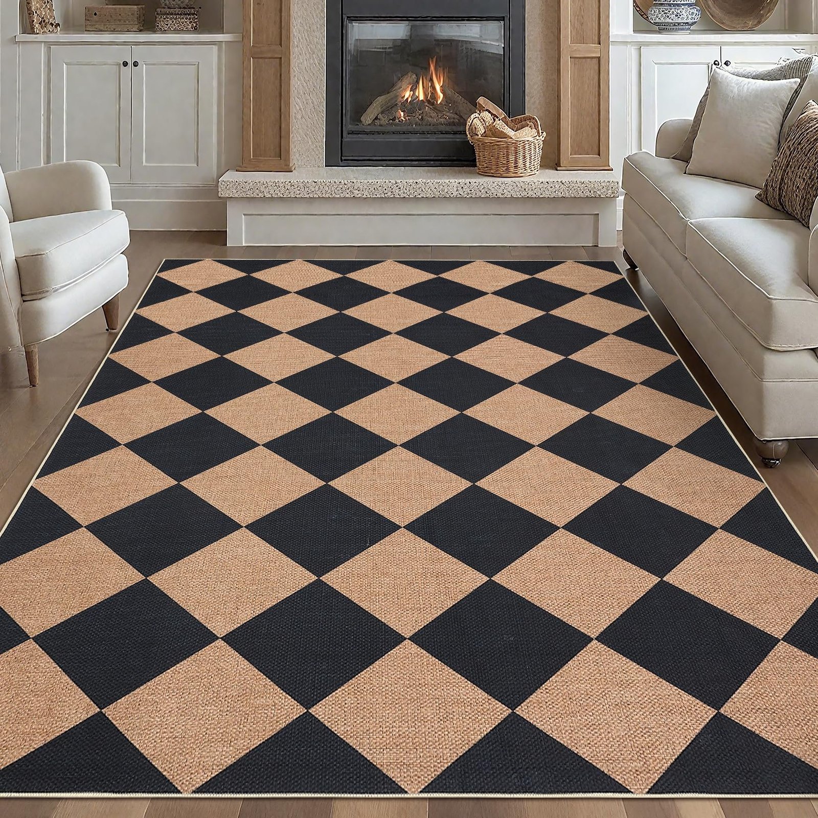 LocalStock Checkered Easy Jute 3x5 Entryway Rug Machine Washable Outdoor Patio Rug Non-Slip Backing Checkerboard Black Indoor Outdoor Carpet for Hallway Bathroom Kitchen Bedroom - Image 35