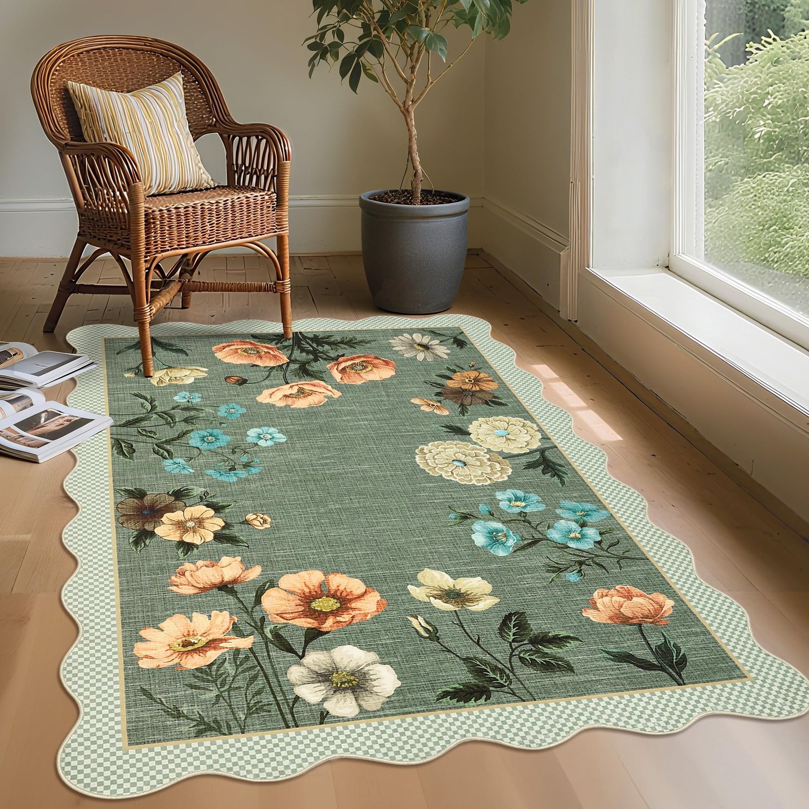 LocalStock Floral Scalloped Living Room Rug, 5x7 Area Rugs Ultra-Thin Soft Washable Rug, Non-Slip Rugs for Bedroom Stain Resistant Boho Low-Pile Throw Carpet for Dining Room Playroom Nursery, Green - Image 16