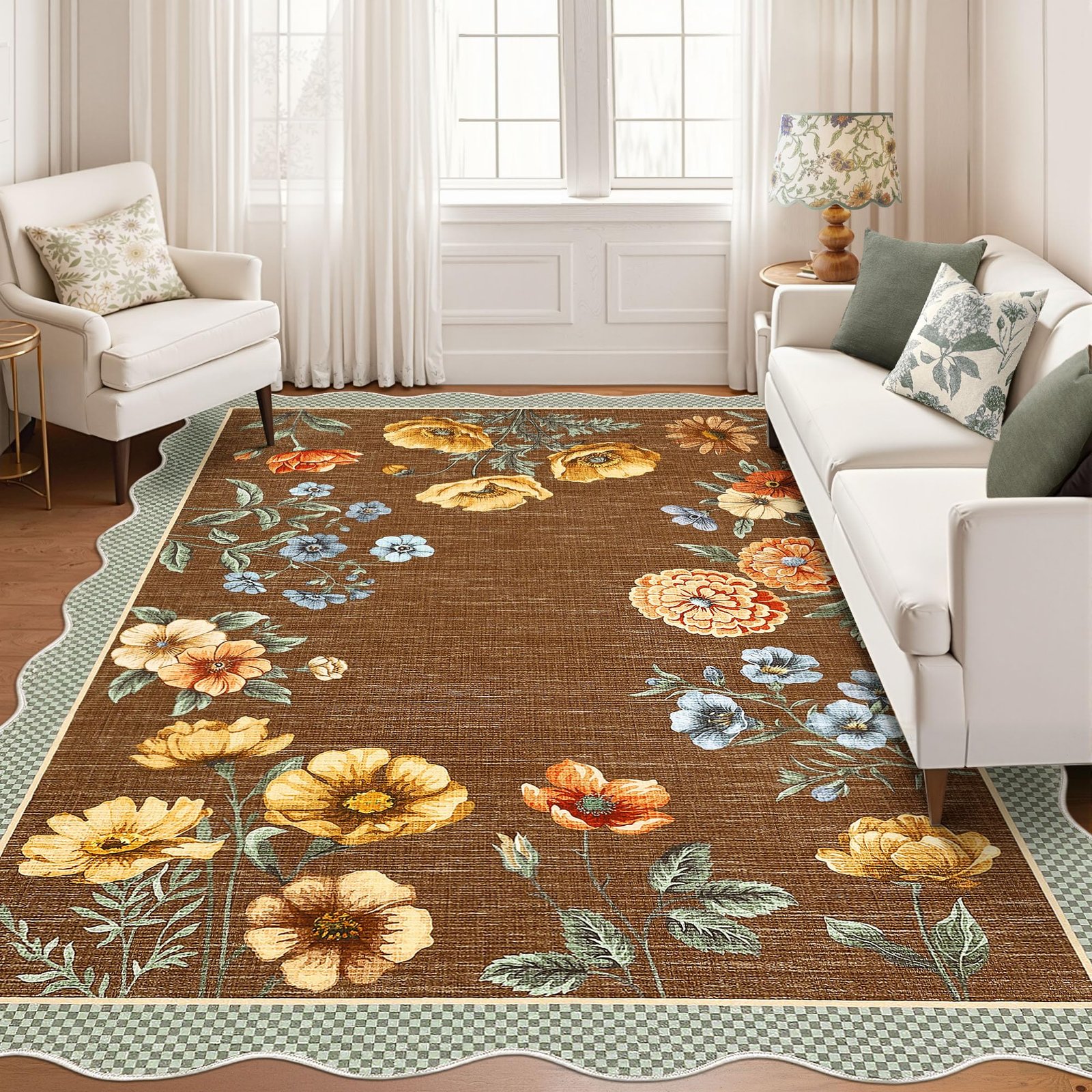 LocalStock Floral Scalloped Living Room Rug, 5x7 Area Rugs Ultra-Thin Soft Washable Rug, Non-Slip Rugs for Bedroom Stain Resistant Boho Low-Pile Throw Carpet for Dining Room Playroom Nursery, Green - Image 12