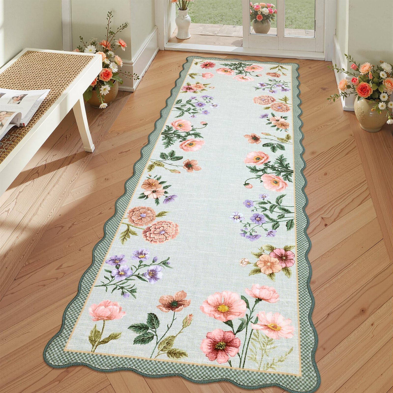 LocalStock Floral Scalloped Living Room Rug, 5x7 Area Rugs Ultra-Thin Soft Washable Rug, Non-Slip Rugs for Bedroom Stain Resistant Boho Low-Pile Throw Carpet for Dining Room Playroom Nursery, Green - Image 20