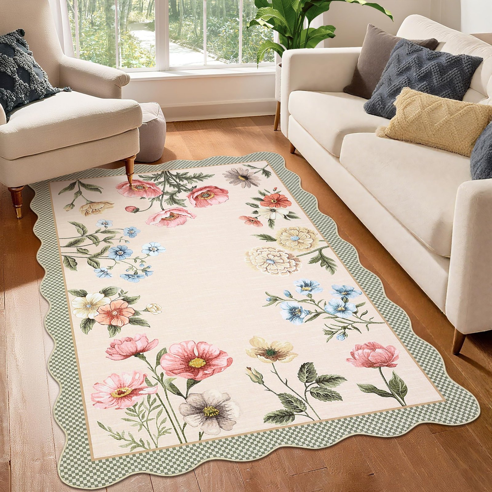 LocalStock Floral Scalloped Living Room Rug, 5x7 Area Rugs Ultra-Thin Soft Washable Rug, Non-Slip Rugs for Bedroom Stain Resistant Boho Low-Pile Throw Carpet for Dining Room Playroom Nursery, Green - Image 17
