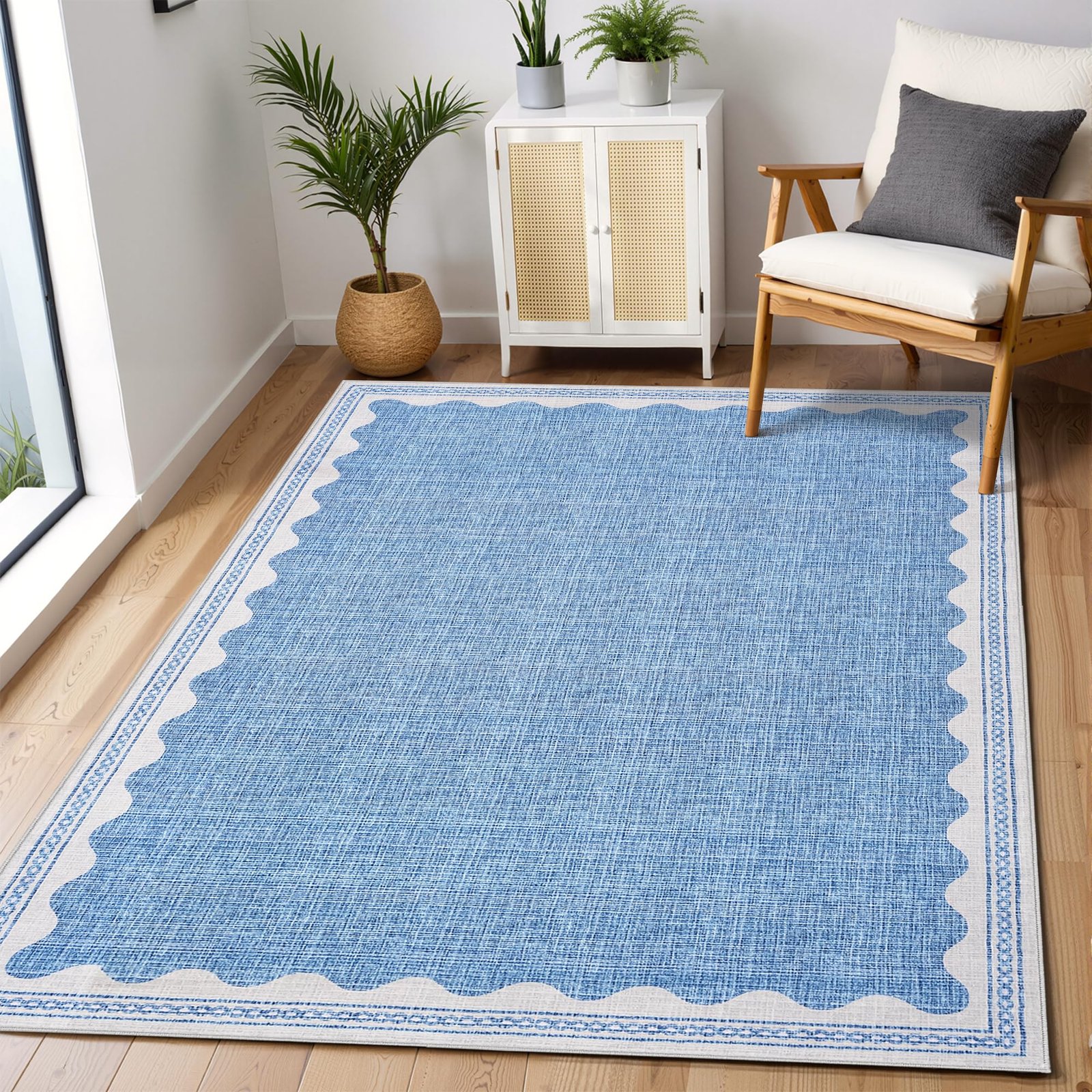 LocalStock 2x6 Runner Rug for Hallway Washable Kitchen Rugs Non Slip Solid Blue Modern Minimalism Soft Low-Pile Scalloped Indoor Carpet for Entryway Laundry Room Floor Mats - Image 5