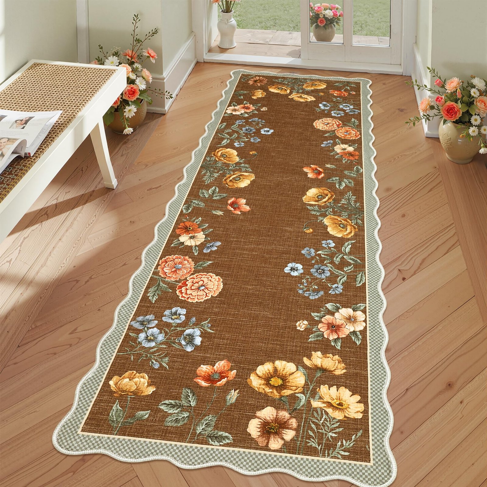 LocalStock Floral Scalloped Living Room Rug, 5x7 Area Rugs Ultra-Thin Soft Washable Rug, Non-Slip Rugs for Bedroom Stain Resistant Boho Low-Pile Throw Carpet for Dining Room Playroom Nursery, Green - Image 33