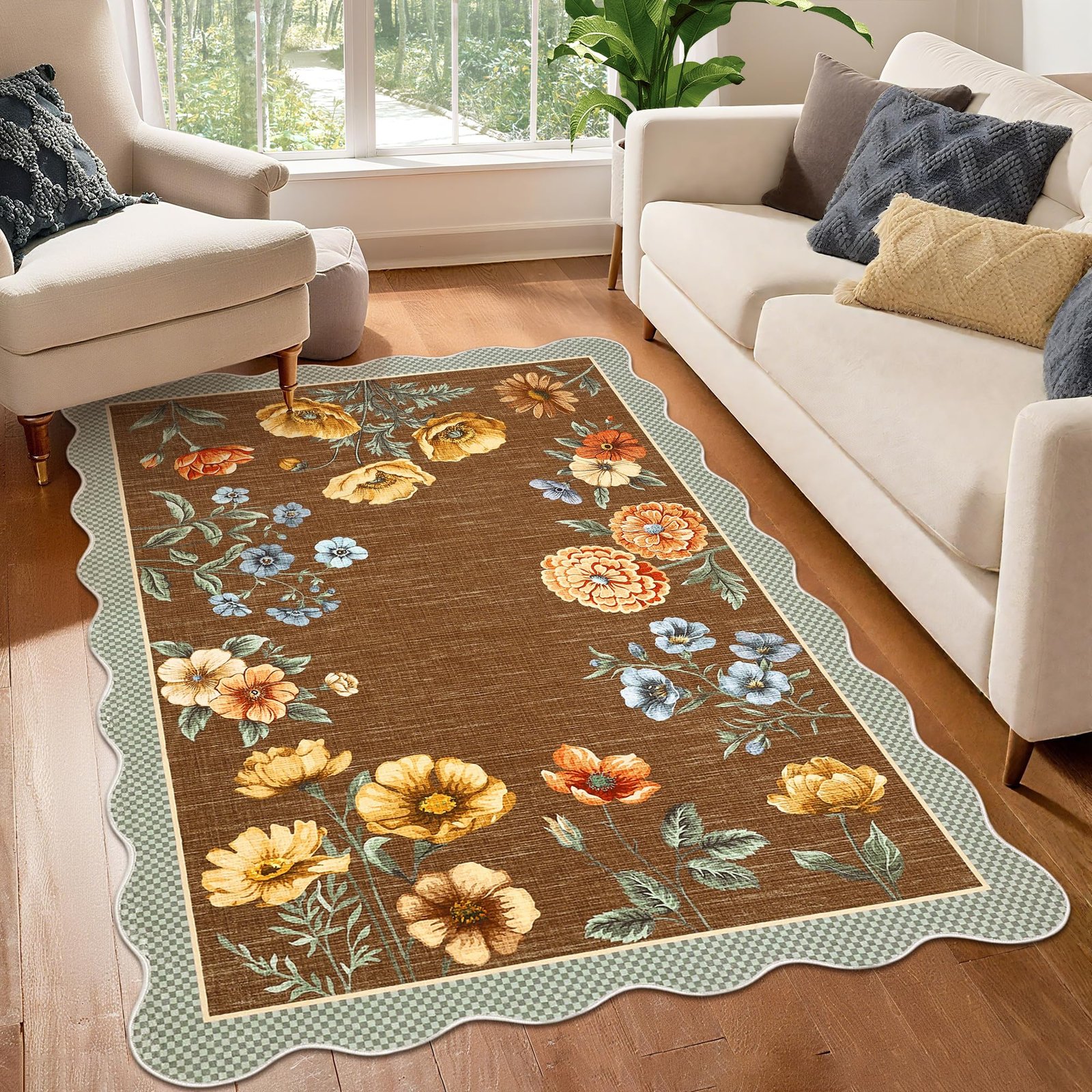 LocalStock Floral Scalloped Living Room Rug, 5x7 Area Rugs Ultra-Thin Soft Washable Rug, Non-Slip Rugs for Bedroom Stain Resistant Boho Low-Pile Throw Carpet for Dining Room Playroom Nursery, Green - Image 11