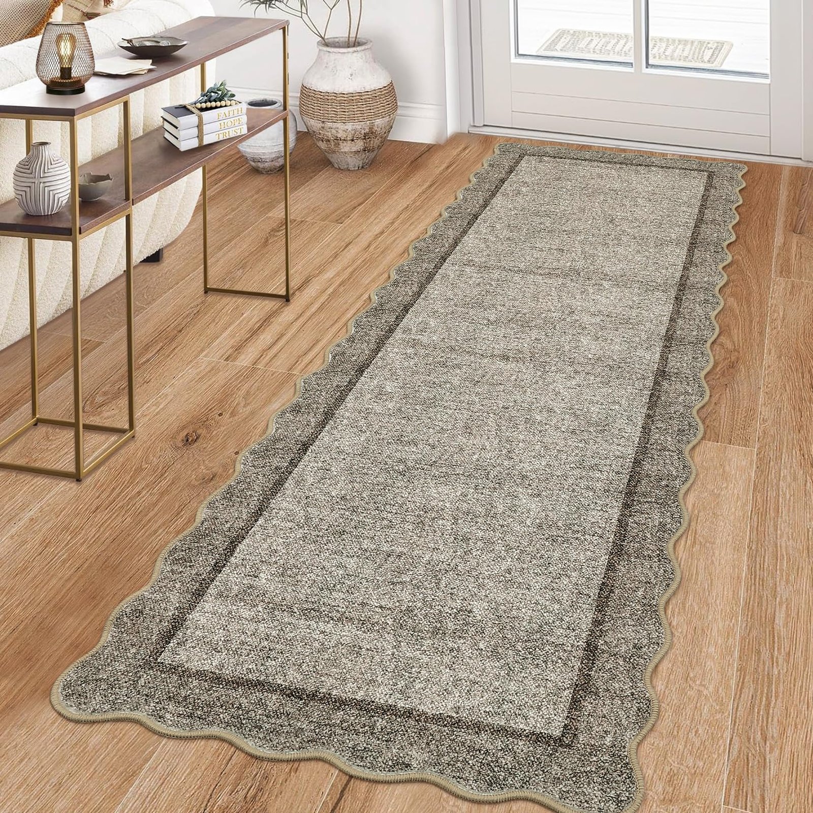 LocalStock Scalloped Washable Kitchen Runner Rug 2x8, Beige Runners for Hallway, Non Slip Boho Soft Bathroom Throw Mat Bordered Carpet Runner for Laundry Entryway Bedroom 2 ft x8 ft Beige - Image 48