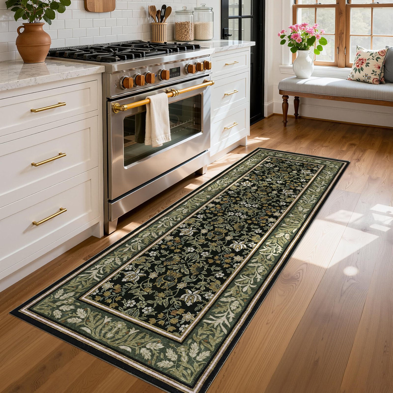 LocalStock 5x7 Washable Area Rugs for Living Room, Boho Vintage Rug Non Slip Low Pile Stain Resistance Indoor Soft Large Throw Carpet for Bedroom Dining Room Office Green Black - Image 6