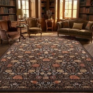 LocalStock Brown Vintage Floral Washable Rugs 5x7 for Living Room Black Boho Botanical Retro Rug Low Pile Stain Resistance Non Slip Carpet for Bedroom Nursery Dining Room