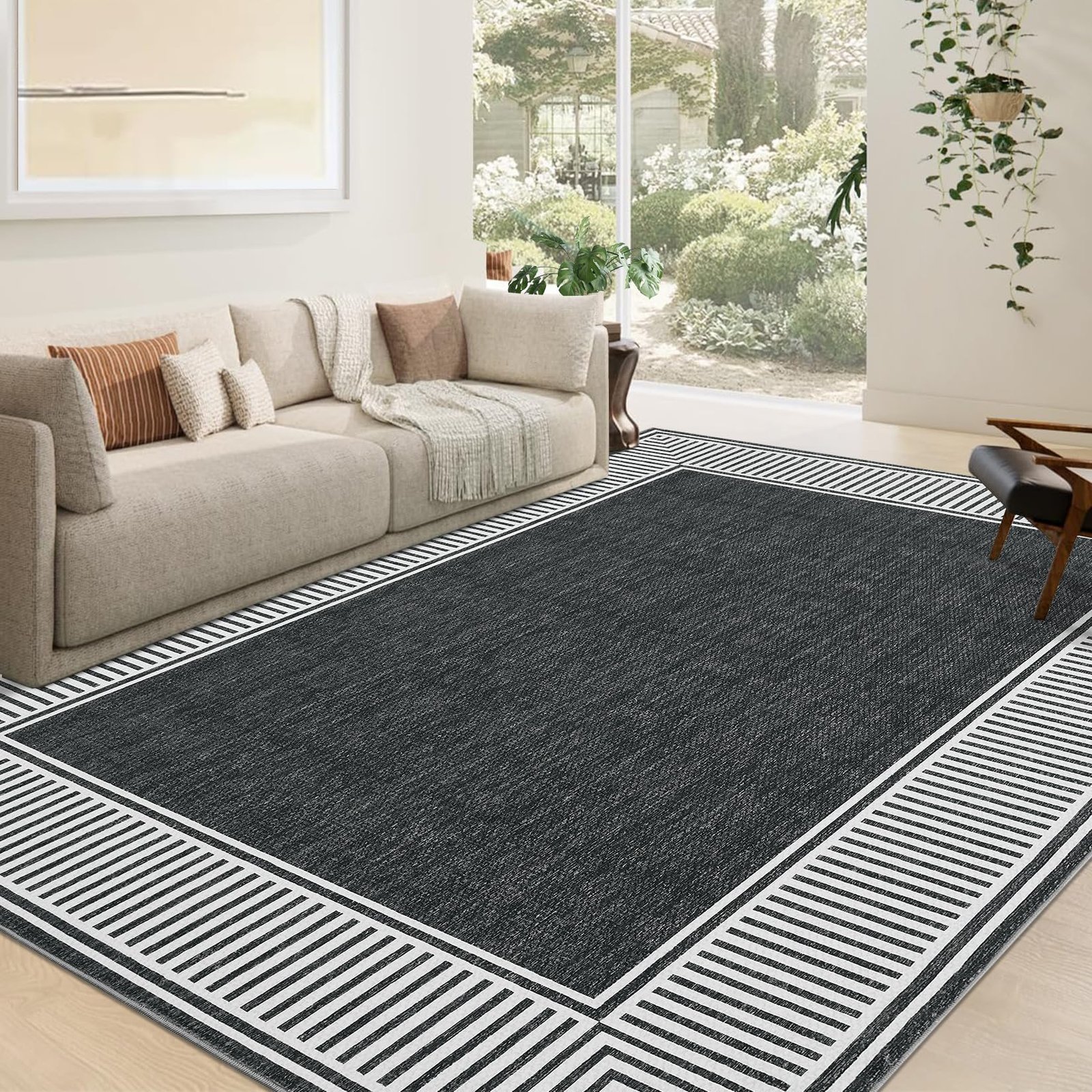 LocalStock Washable Rug 5x7 for Bedroom Large Living Room Rug with Rubber Backing Casual Striped Border Throw Carpet Modern Contemporary Area Rug for Dining Room Nursery Entry, Khaki - Image 2