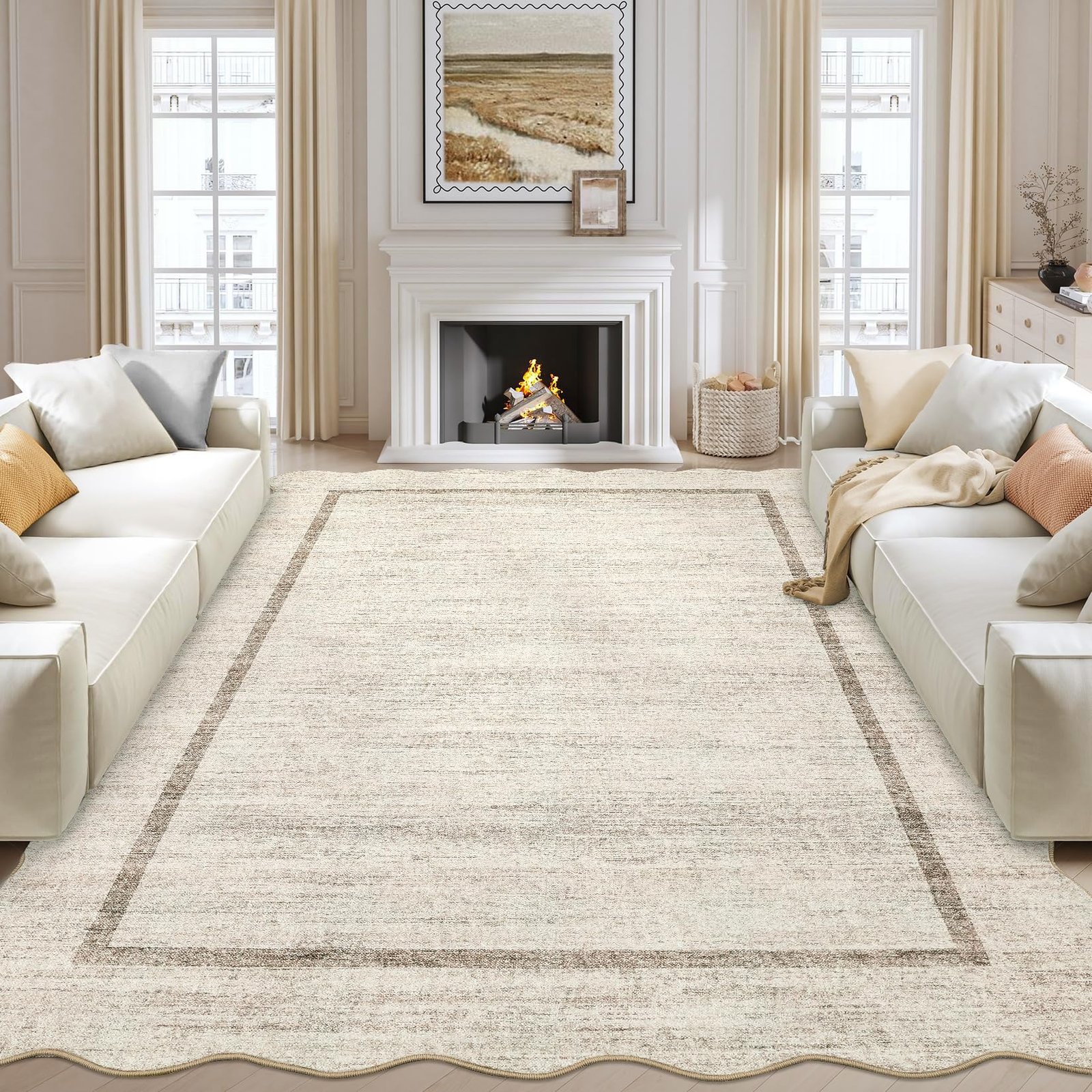 LocalStock Scalloped Washable Kitchen Runner Rug 2x8, Beige Runners for Hallway, Non Slip Boho Soft Bathroom Throw Mat Bordered Carpet Runner for Laundry Entryway Bedroom 2 ft x8 ft Beige - Image 34