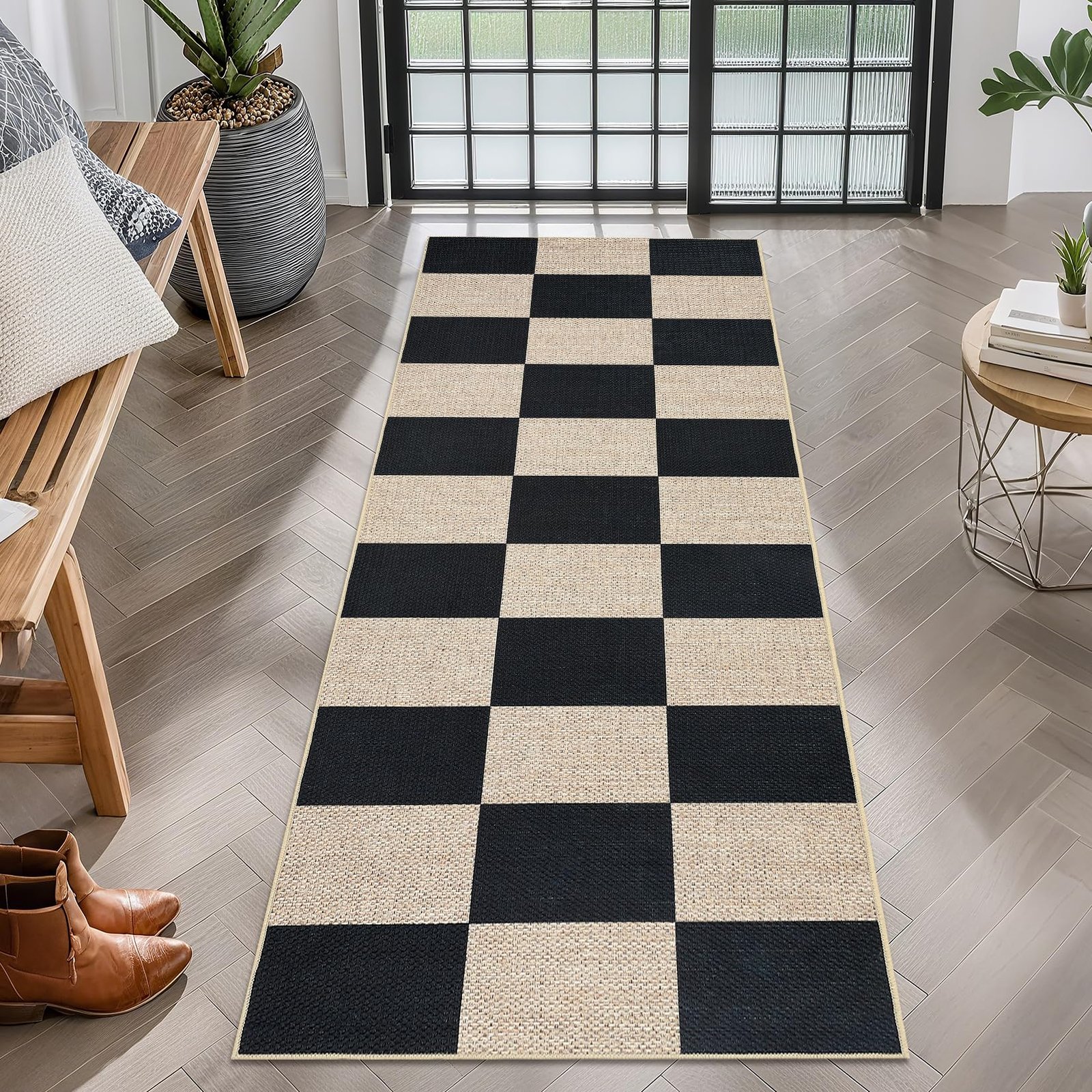 LocalStock Checkered Easy Jute 3x5 Entryway Rug Machine Washable Outdoor Patio Rug Non-Slip Backing Checkerboard Black Indoor Outdoor Carpet for Hallway Bathroom Kitchen Bedroom - Image 22