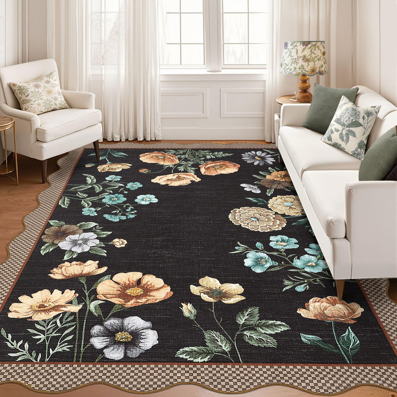 LocalStock Floral Scalloped Living Room Rug, 5x7 Area Rugs Ultra-Thin Soft Washable Rug, Non-Slip Rugs for Bedroom Stain Resistant Boho Low-Pile Throw Carpet for Dining Room Playroom Nursery, Green - Image 5