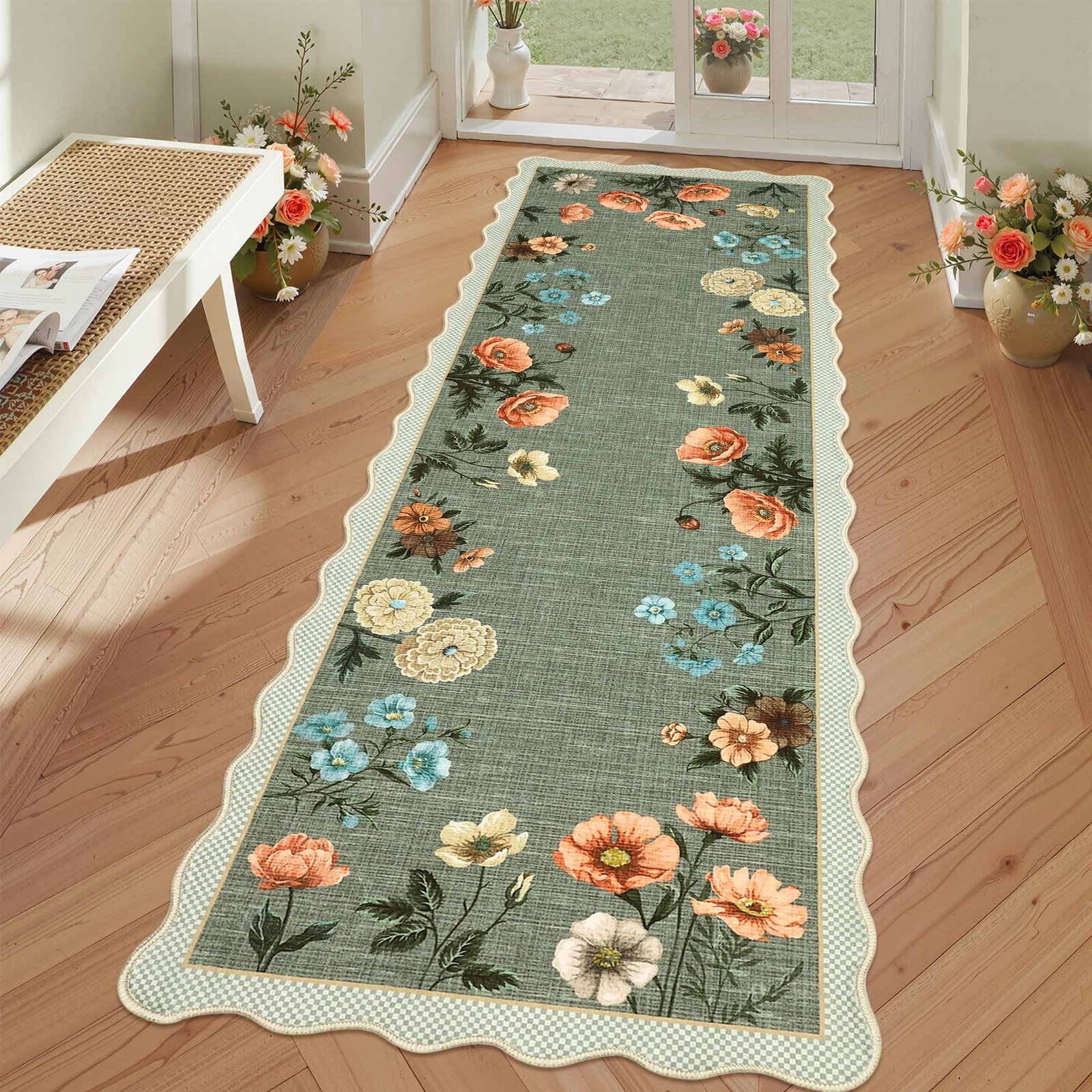 LocalStock Floral Scalloped Living Room Rug, 5x7 Area Rugs Ultra-Thin Soft Washable Rug, Non-Slip Rugs for Bedroom Stain Resistant Boho Low-Pile Throw Carpet for Dining Room Playroom Nursery, Green - Image 2