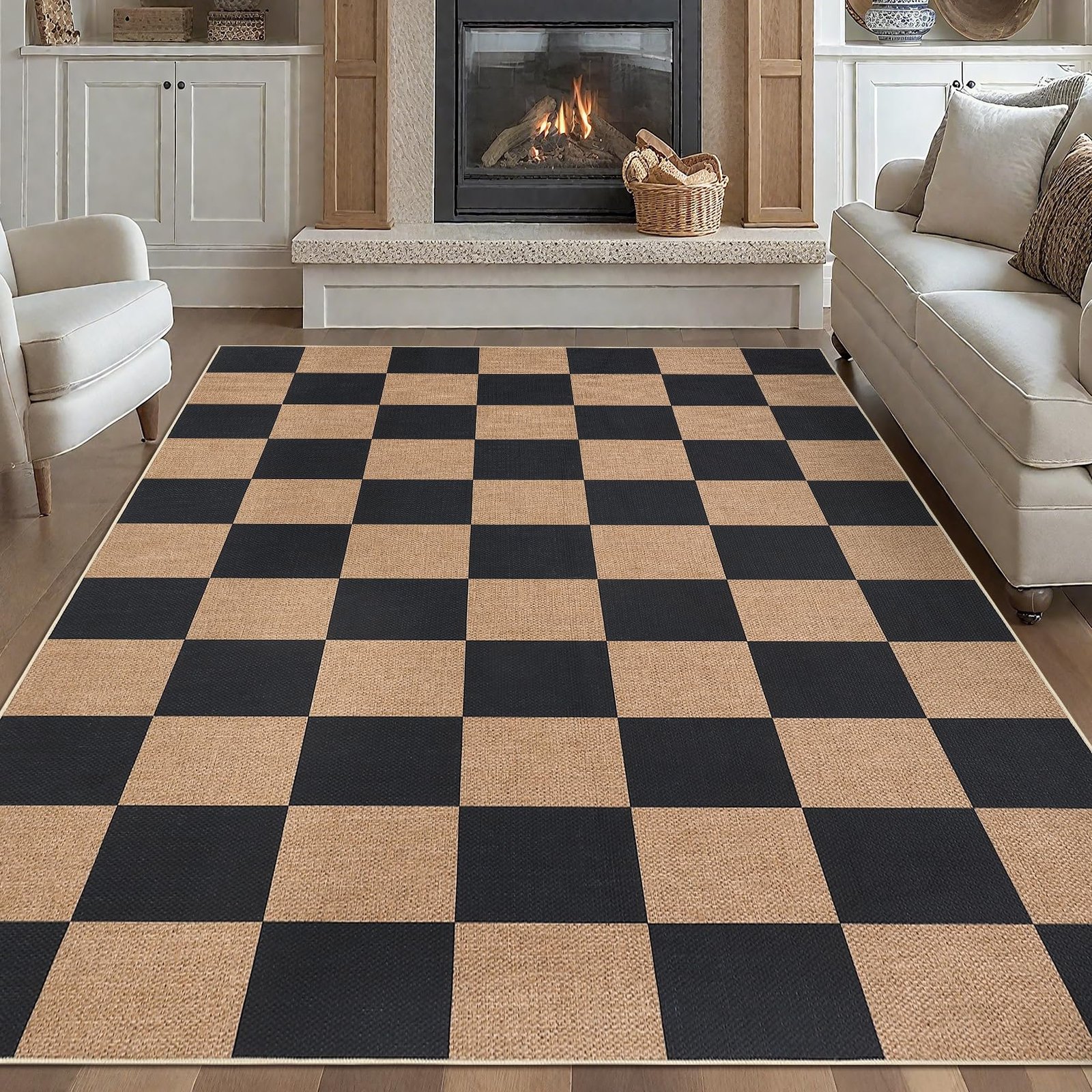 LocalStock Checkered Easy Jute 3x5 Entryway Rug Machine Washable Outdoor Patio Rug Non-Slip Backing Checkerboard Black Indoor Outdoor Carpet for Hallway Bathroom Kitchen Bedroom - Image 15