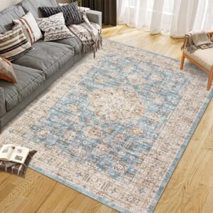 LocalStock 8x10 Washable Vintage Living Room Area Rug: Vintage Machine Washable Area Rug for Living Room Indoor Large Non-Slip Bedroom Carpet Low Pile Stain Resistant Dining Room Carpet Blue&Brown