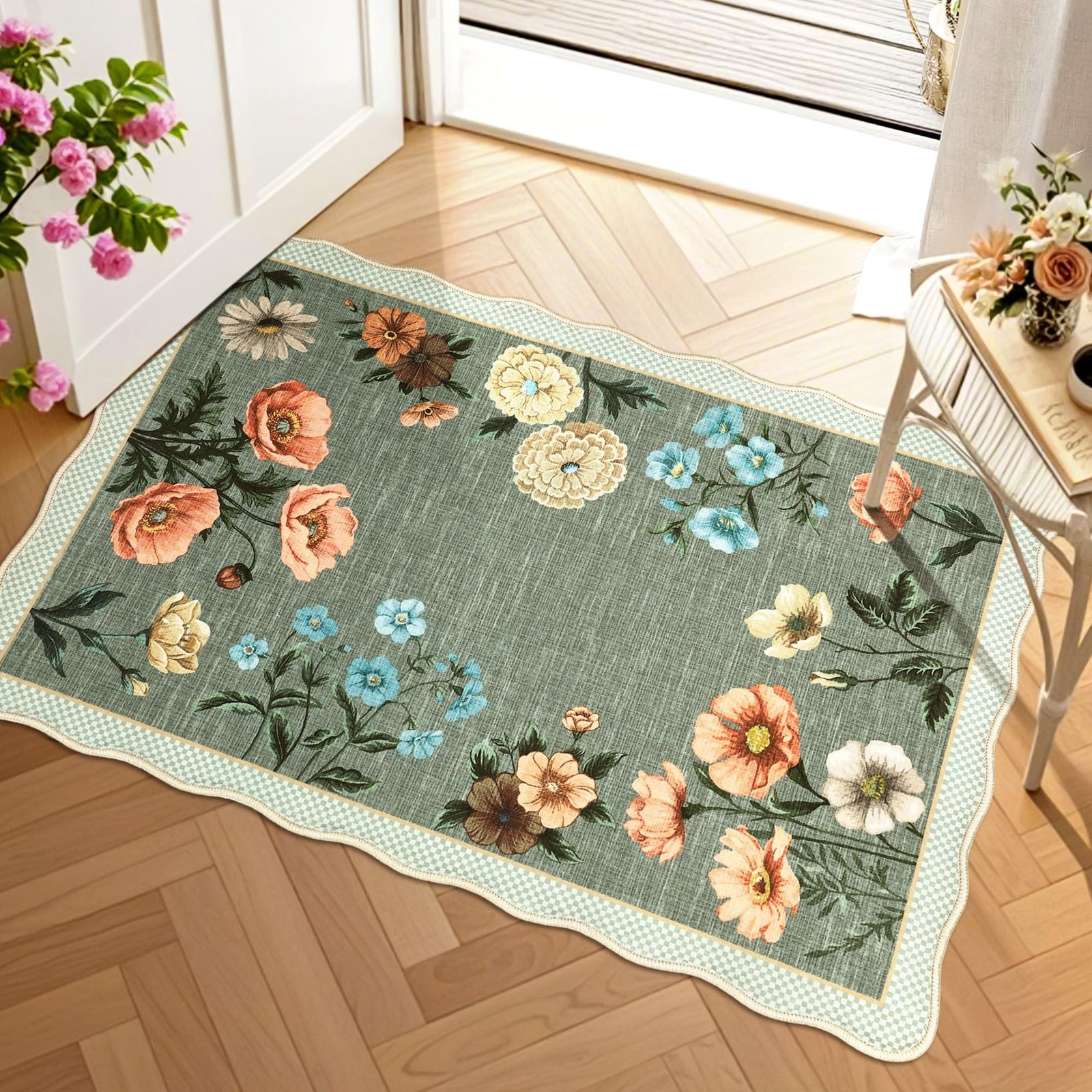 LocalStock Floral Scalloped Living Room Rug, 5x7 Area Rugs Ultra-Thin Soft Washable Rug, Non-Slip Rugs for Bedroom Stain Resistant Boho Low-Pile Throw Carpet for Dining Room Playroom Nursery, Green - Image 15