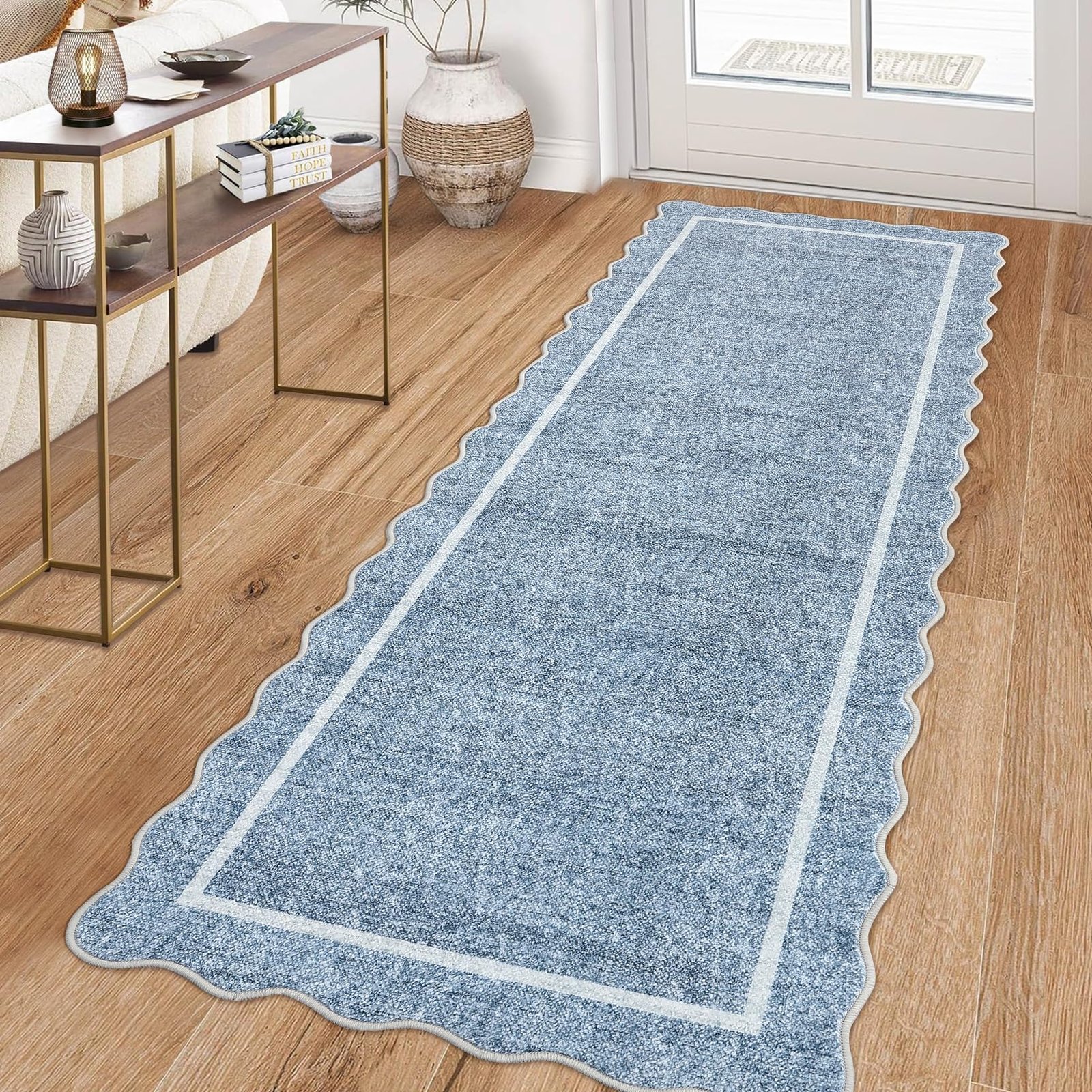 LocalStock Scalloped Washable Kitchen Runner Rug 2x8, Beige Runners for Hallway, Non Slip Boho Soft Bathroom Throw Mat Bordered Carpet Runner for Laundry Entryway Bedroom 2 ft x8 ft Beige - Image 49