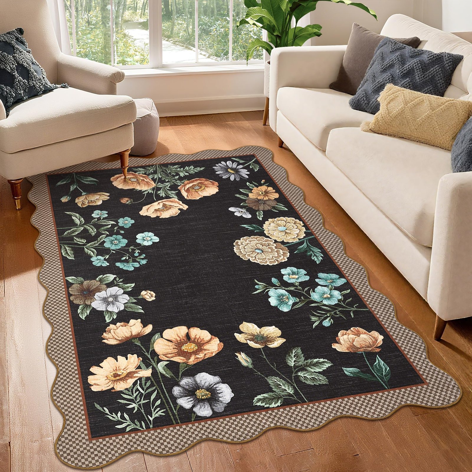 LocalStock Floral Scalloped Living Room Rug, 5x7 Area Rugs Ultra-Thin Soft Washable Rug, Non-Slip Rugs for Bedroom Stain Resistant Boho Low-Pile Throw Carpet for Dining Room Playroom Nursery, Green - Image 35