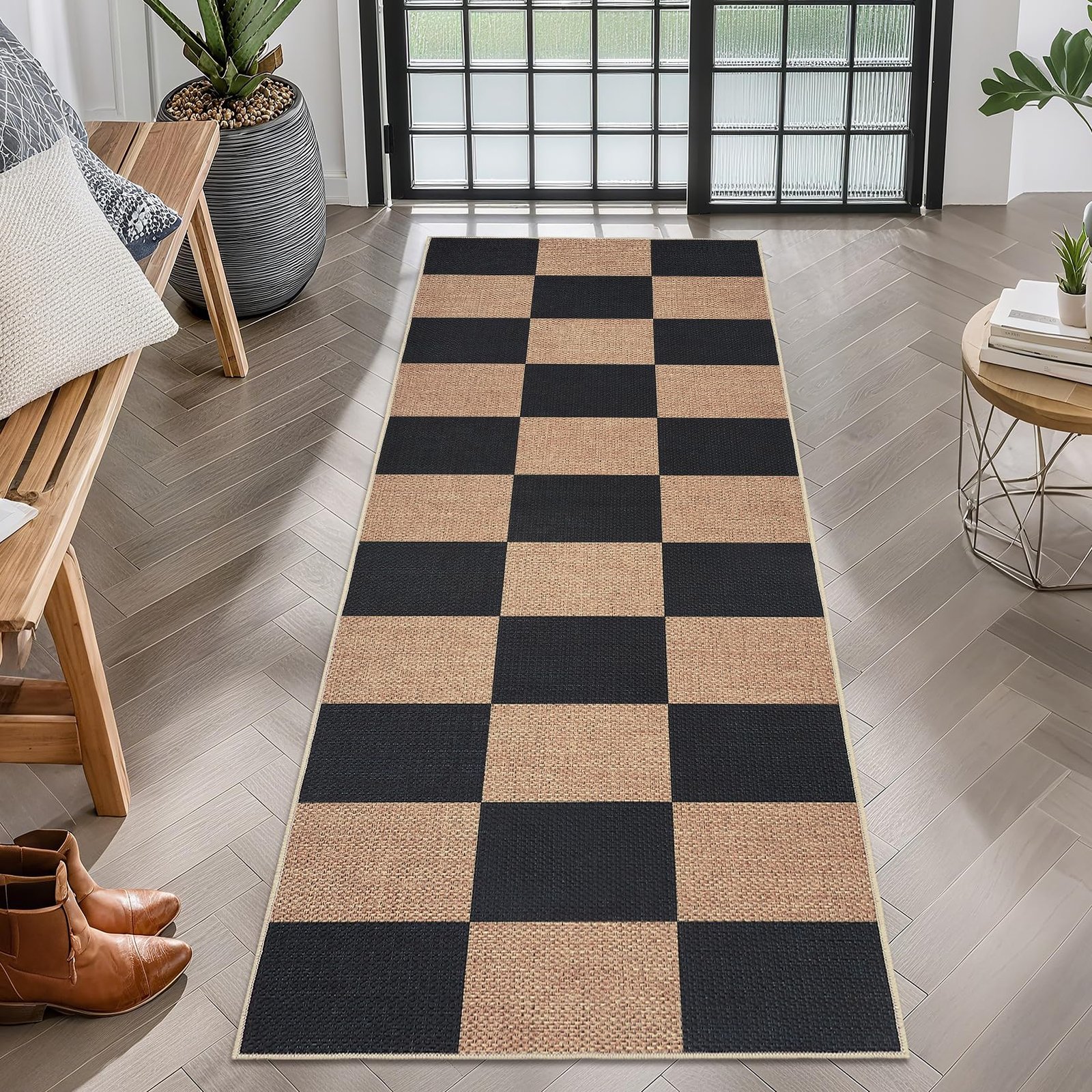 LocalStock Checkered Easy Jute 3x5 Entryway Rug Machine Washable Outdoor Patio Rug Non-Slip Backing Checkerboard Black Indoor Outdoor Carpet for Hallway Bathroom Kitchen Bedroom - Image 29
