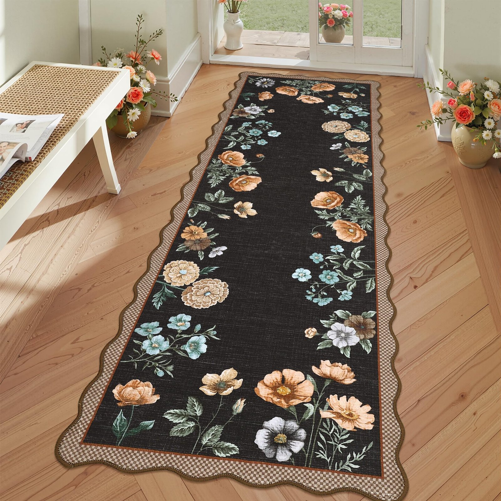 LocalStock Floral Scalloped Living Room Rug, 5x7 Area Rugs Ultra-Thin Soft Washable Rug, Non-Slip Rugs for Bedroom Stain Resistant Boho Low-Pile Throw Carpet for Dining Room Playroom Nursery, Green - Image 3