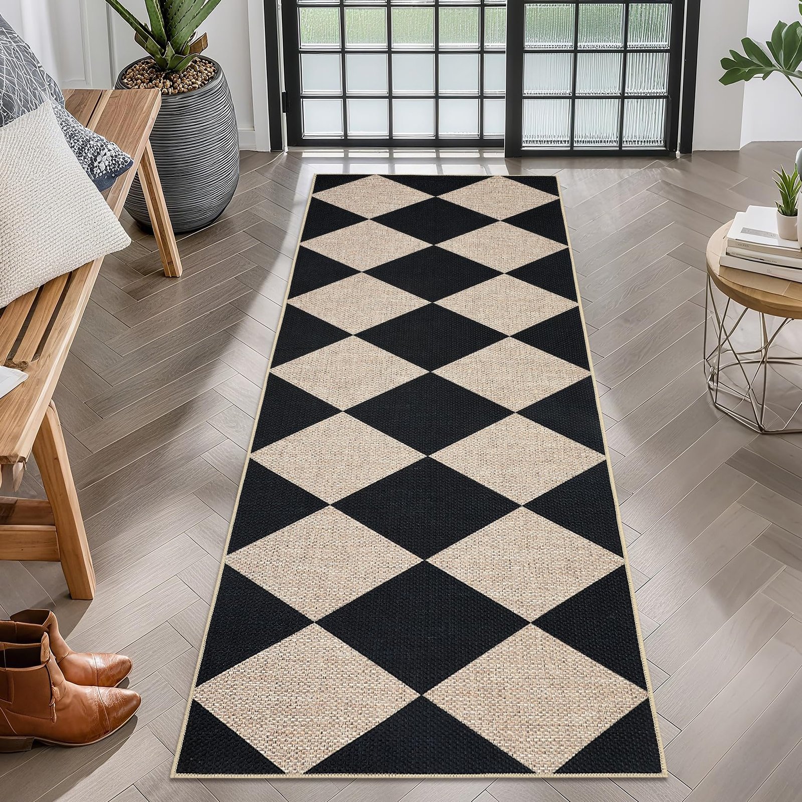 LocalStock Checkered Easy Jute 3x5 Entryway Rug Machine Washable Outdoor Patio Rug Non-Slip Backing Checkerboard Black Indoor Outdoor Carpet for Hallway Bathroom Kitchen Bedroom - Image 18
