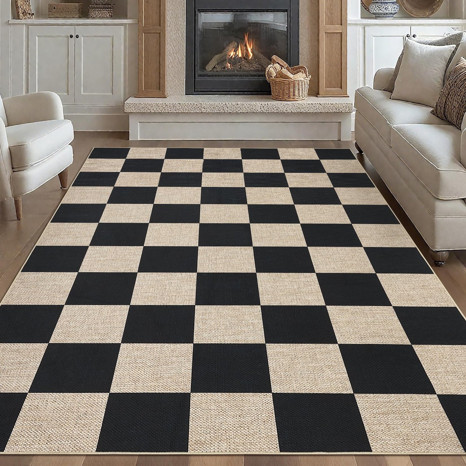 LocalStock Checkered Easy Jute 3x5 Entryway Rug Machine Washable Outdoor Patio Rug Non-Slip Backing Checkerboard Black Indoor Outdoor Carpet for Hallway Bathroom Kitchen Bedroom - Image 8