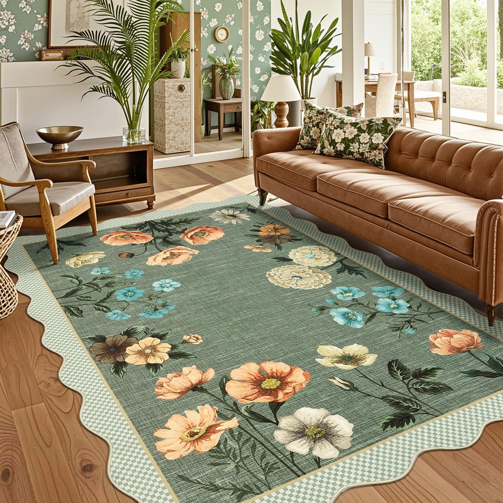 LocalStock Floral Scalloped Living Room Rug, 5x7 Area Rugs Ultra-Thin Soft Washable Rug, Non-Slip Rugs for Bedroom Stain Resistant Boho Low-Pile Throw Carpet for Dining Room Playroom Nursery, Green - Image 19