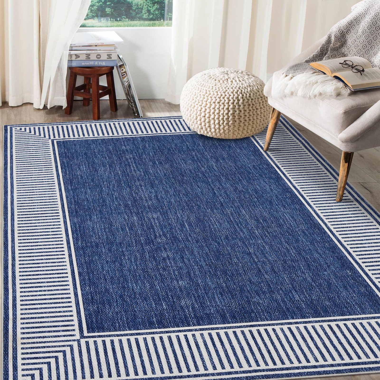 LocalStock Washable Rug 5x7 for Bedroom Large Living Room Rug with Rubber Backing Casual Striped Border Throw Carpet Modern Contemporary Area Rug for Dining Room Nursery Entry, Khaki - Image 12