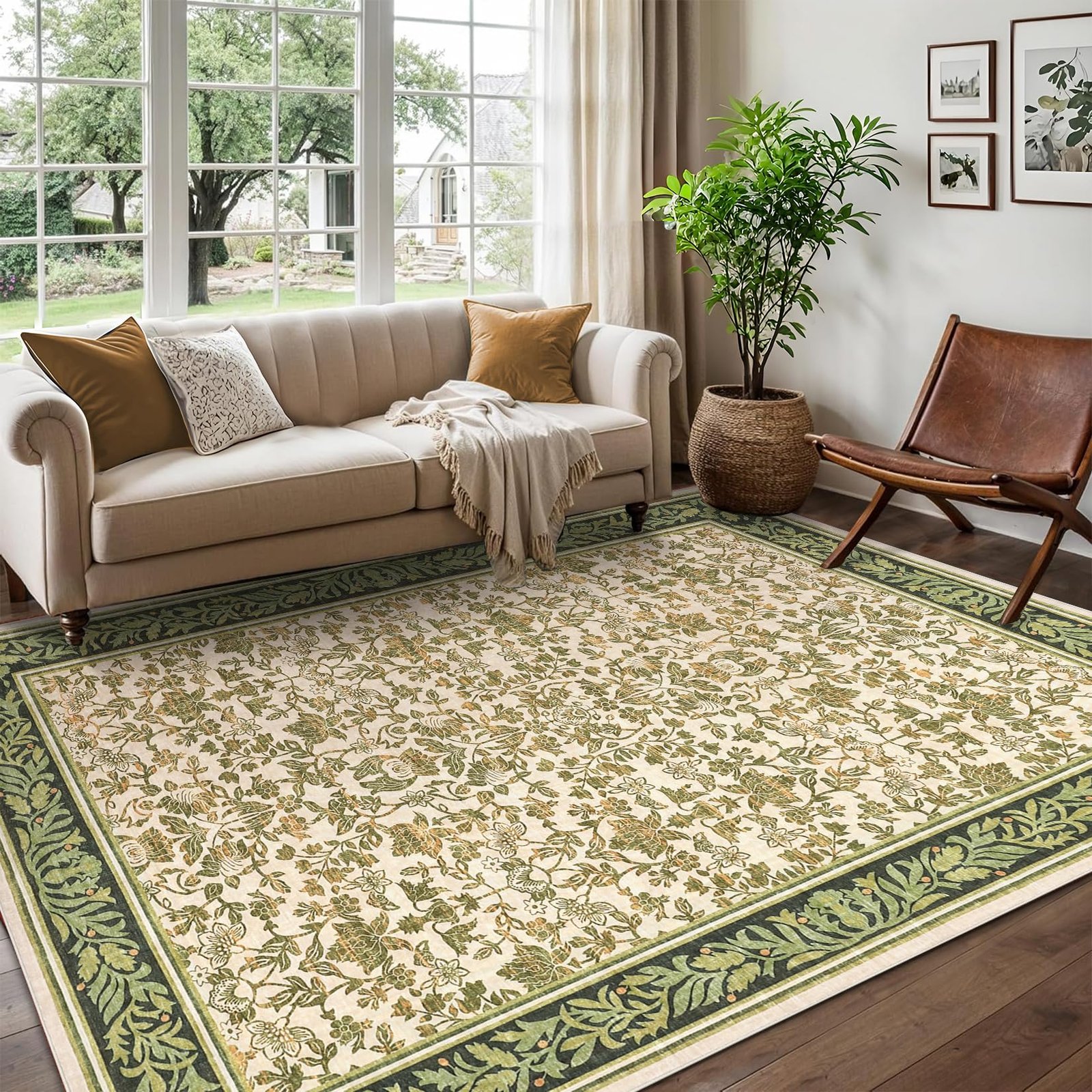 LocalStock 5x7 Washable Area Rugs for Living Room, Boho Vintage Rug Non Slip Low Pile Stain Resistance Indoor Soft Large Throw Carpet for Bedroom Dining Room Office Green Black - Image 3