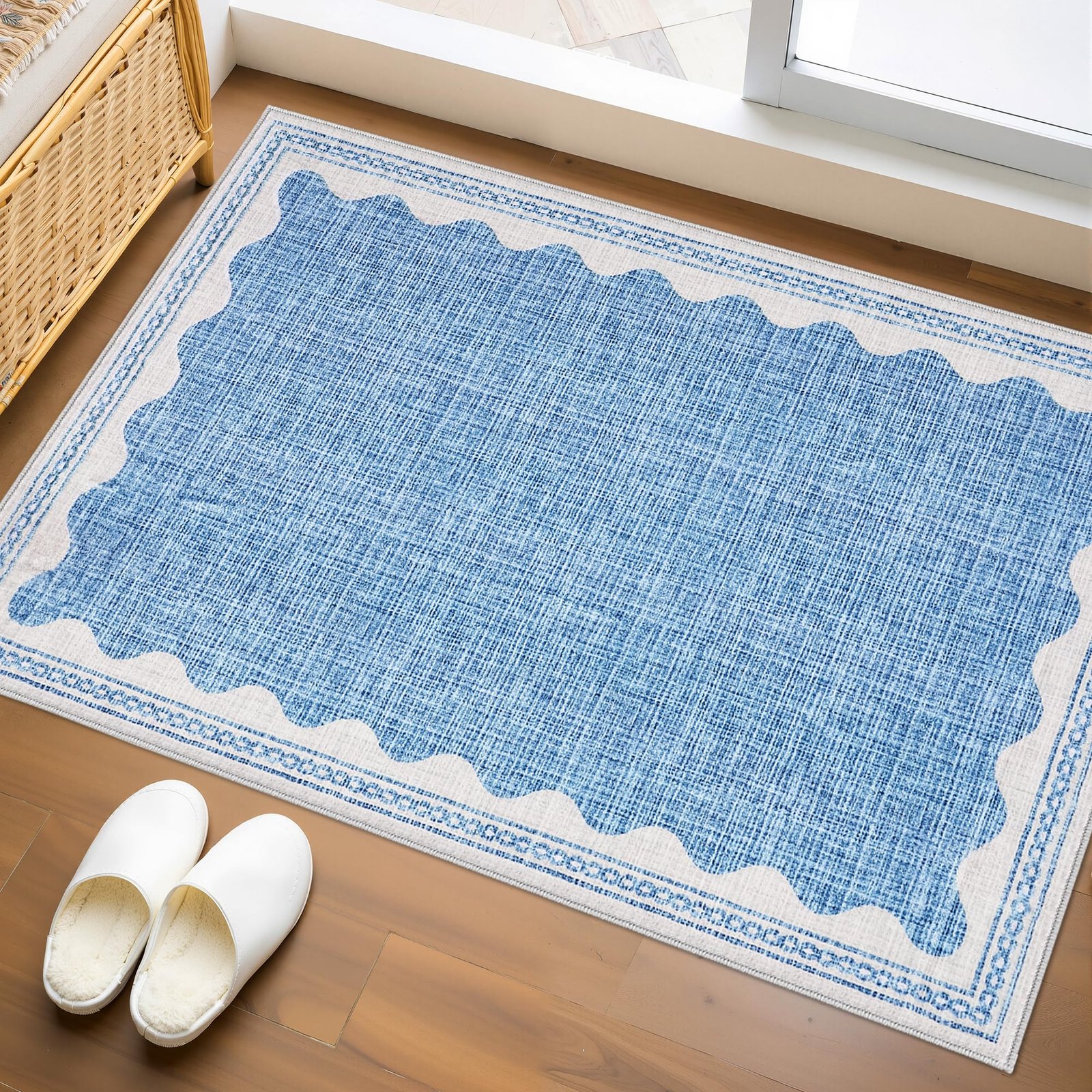 LocalStock 2x6 Runner Rug for Hallway Washable Kitchen Rugs Non Slip Solid Blue Modern Minimalism Soft Low-Pile Scalloped Indoor Carpet for Entryway Laundry Room Floor Mats - Image 2