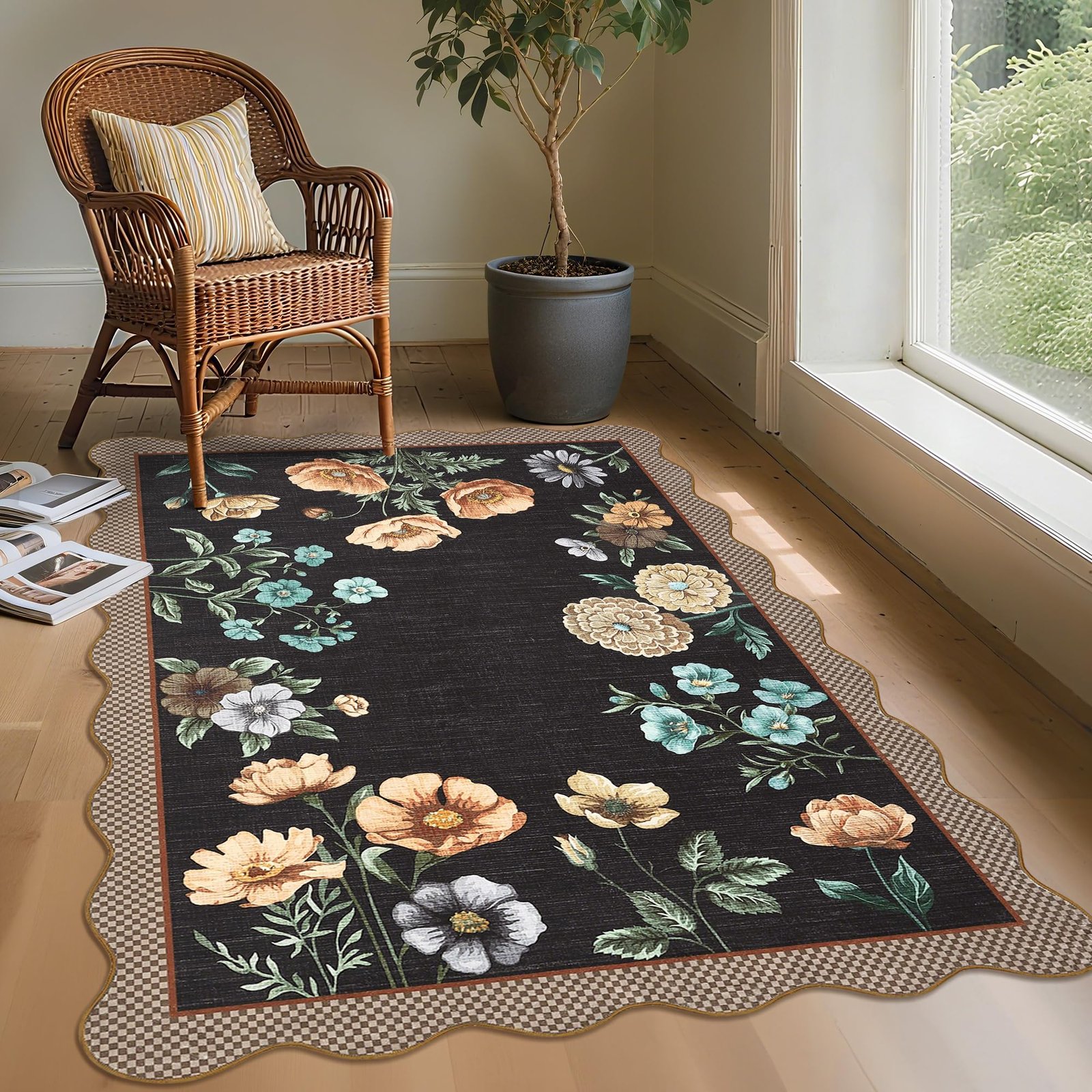 LocalStock Floral Scalloped Living Room Rug, 5x7 Area Rugs Ultra-Thin Soft Washable Rug, Non-Slip Rugs for Bedroom Stain Resistant Boho Low-Pile Throw Carpet for Dining Room Playroom Nursery, Green - Image 37