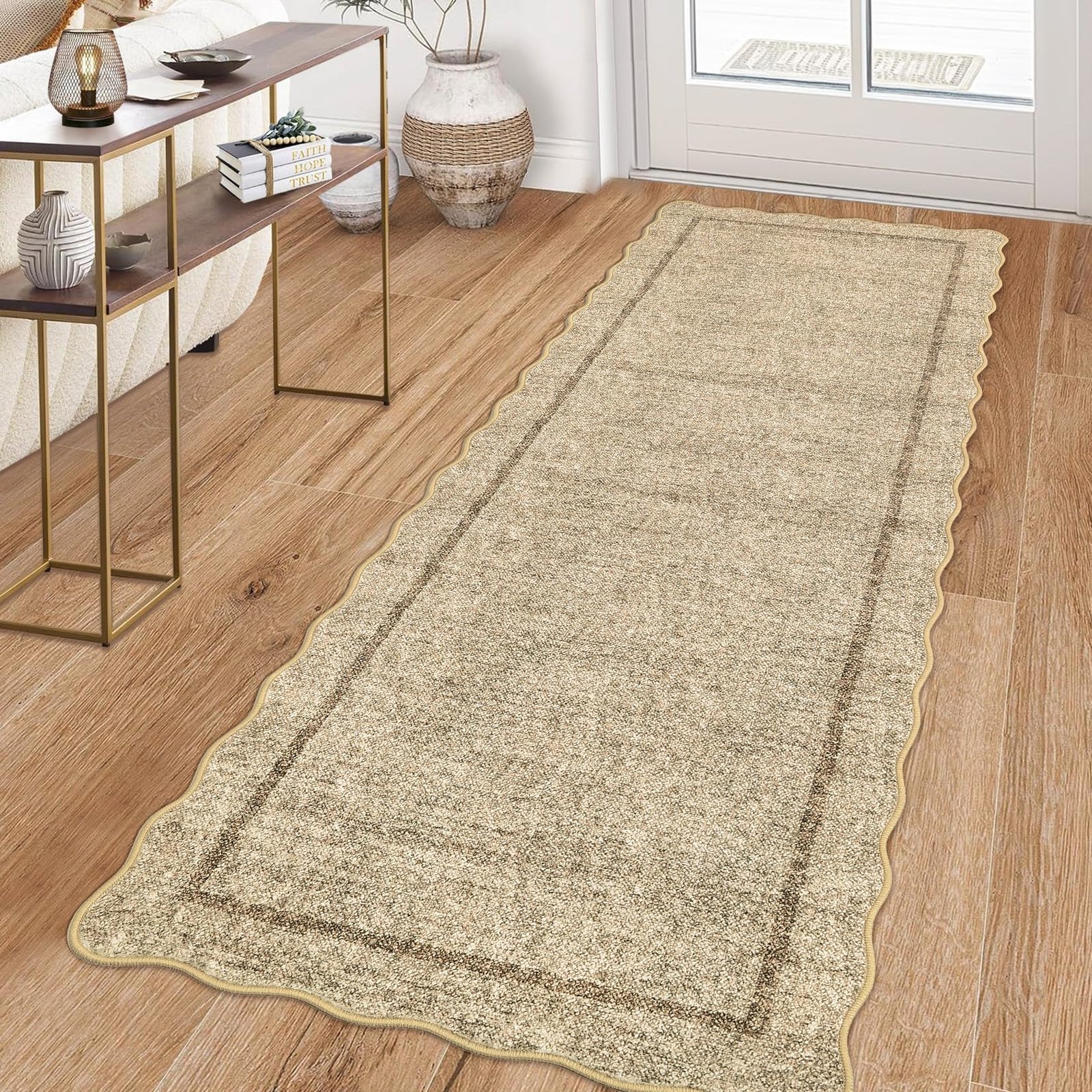 LocalStock Scalloped Washable Kitchen Runner Rug 2x8, Beige Runners for Hallway, Non Slip Boho Soft Bathroom Throw Mat Bordered Carpet Runner for Laundry Entryway Bedroom 2 ft x8 ft Beige - Image 25
