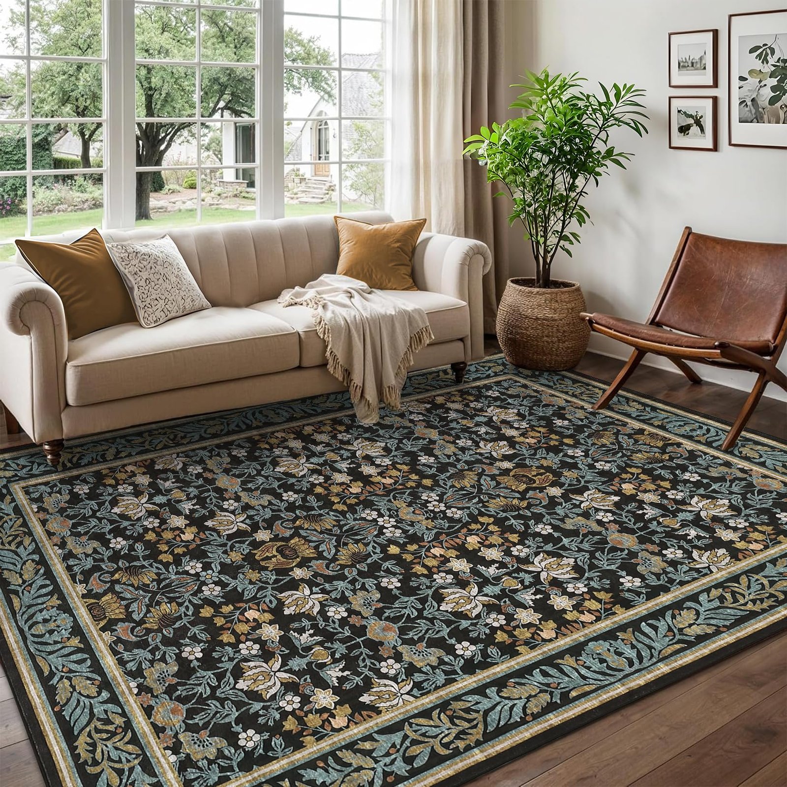 LocalStock 5x7 Washable Area Rugs for Living Room, Boho Vintage Rug Non Slip Low Pile Stain Resistance Indoor Soft Large Throw Carpet for Bedroom Dining Room Office Green Black - Image 23