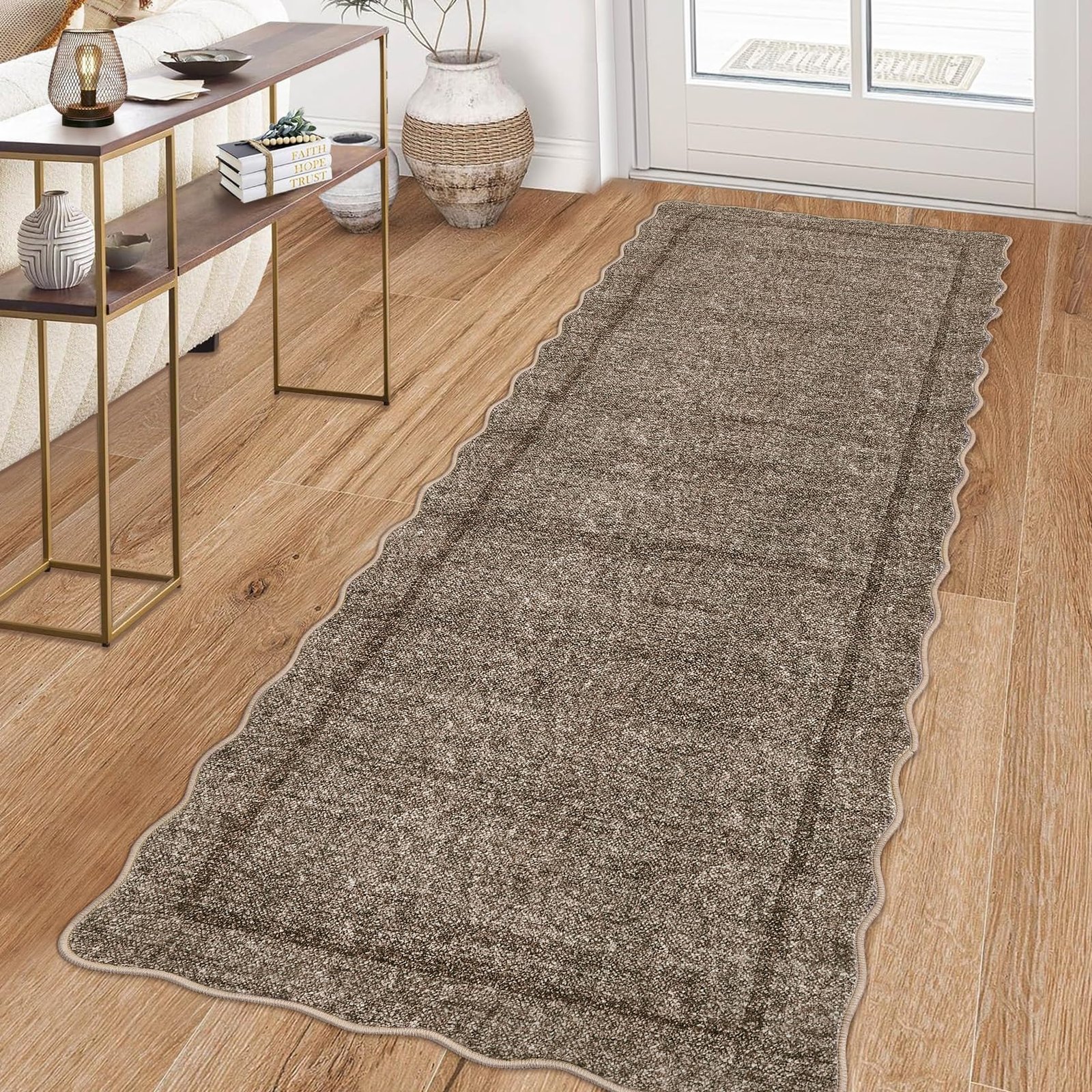 LocalStock Scalloped Washable Kitchen Runner Rug 2x8, Beige Runners for Hallway, Non Slip Boho Soft Bathroom Throw Mat Bordered Carpet Runner for Laundry Entryway Bedroom 2 ft x8 ft Beige - Image 7