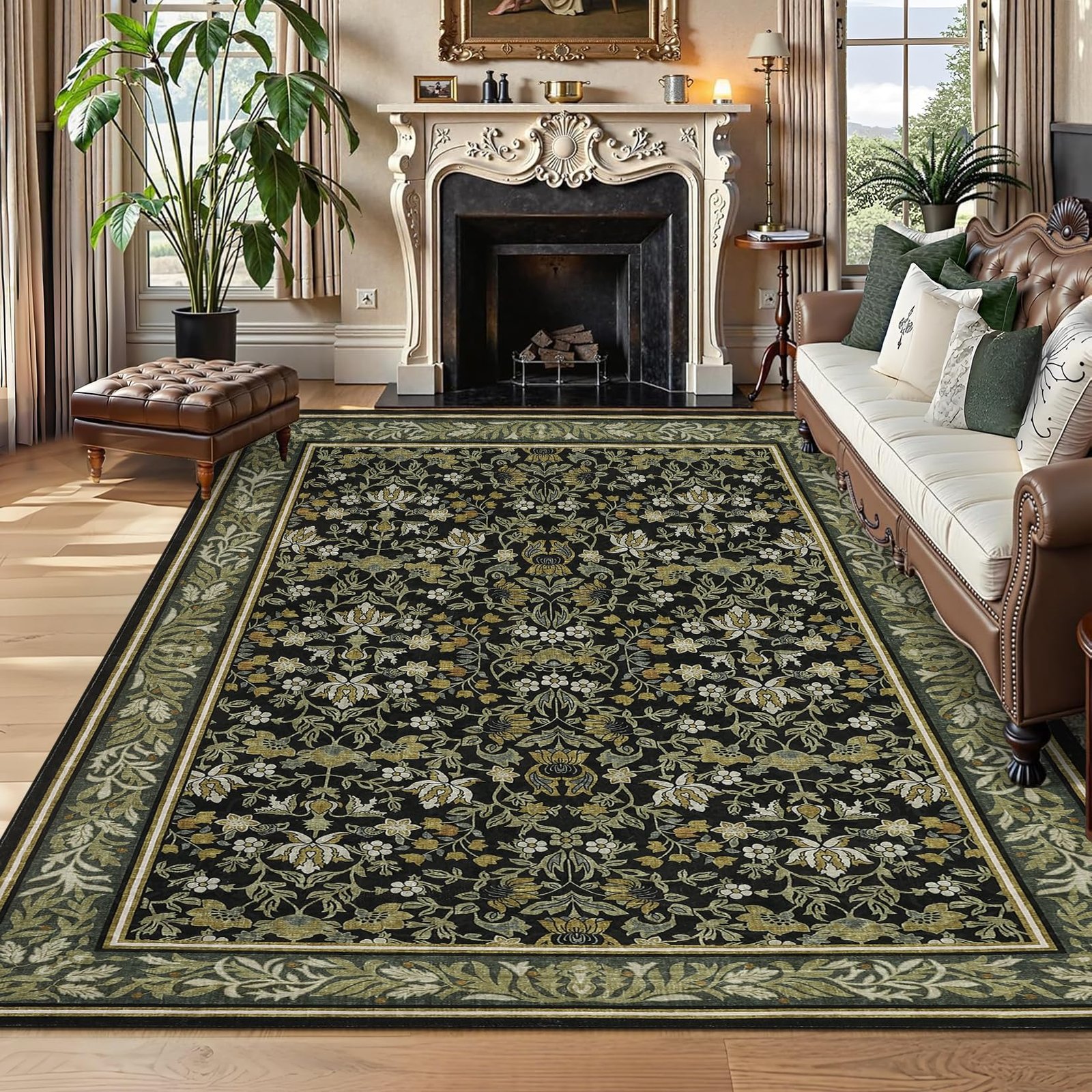 LocalStock 5x7 Washable Area Rugs for Living Room, Boho Vintage Rug Non Slip Low Pile Stain Resistance Indoor Soft Large Throw Carpet for Bedroom Dining Room Office Green Black - Image 18