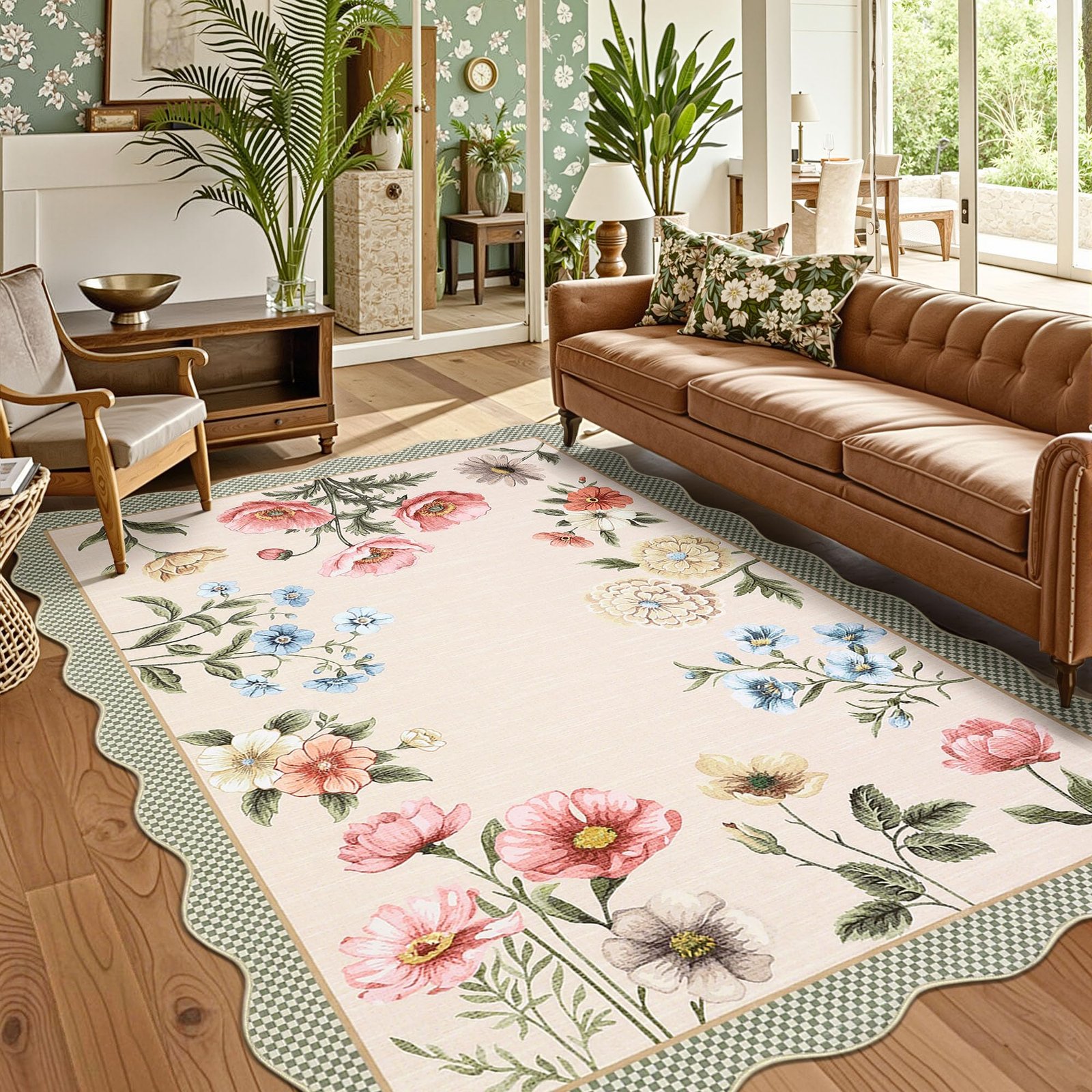 LocalStock Floral Scalloped Living Room Rug, 5x7 Area Rugs Ultra-Thin Soft Washable Rug, Non-Slip Rugs for Bedroom Stain Resistant Boho Low-Pile Throw Carpet for Dining Room Playroom Nursery, Green - Image 18
