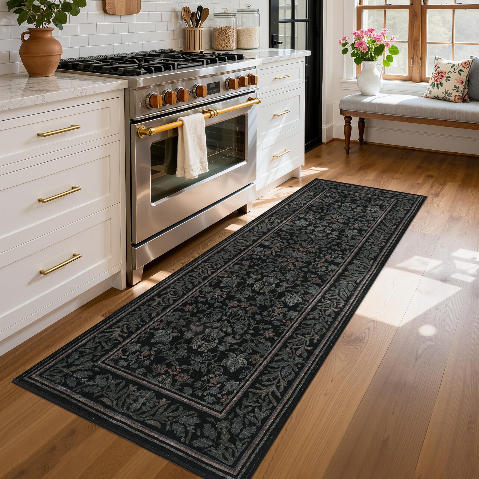 LocalStock 5x7 Washable Area Rugs for Living Room, Boho Vintage Rug Non Slip Low Pile Stain Resistance Indoor Soft Large Throw Carpet for Bedroom Dining Room Office Green Black