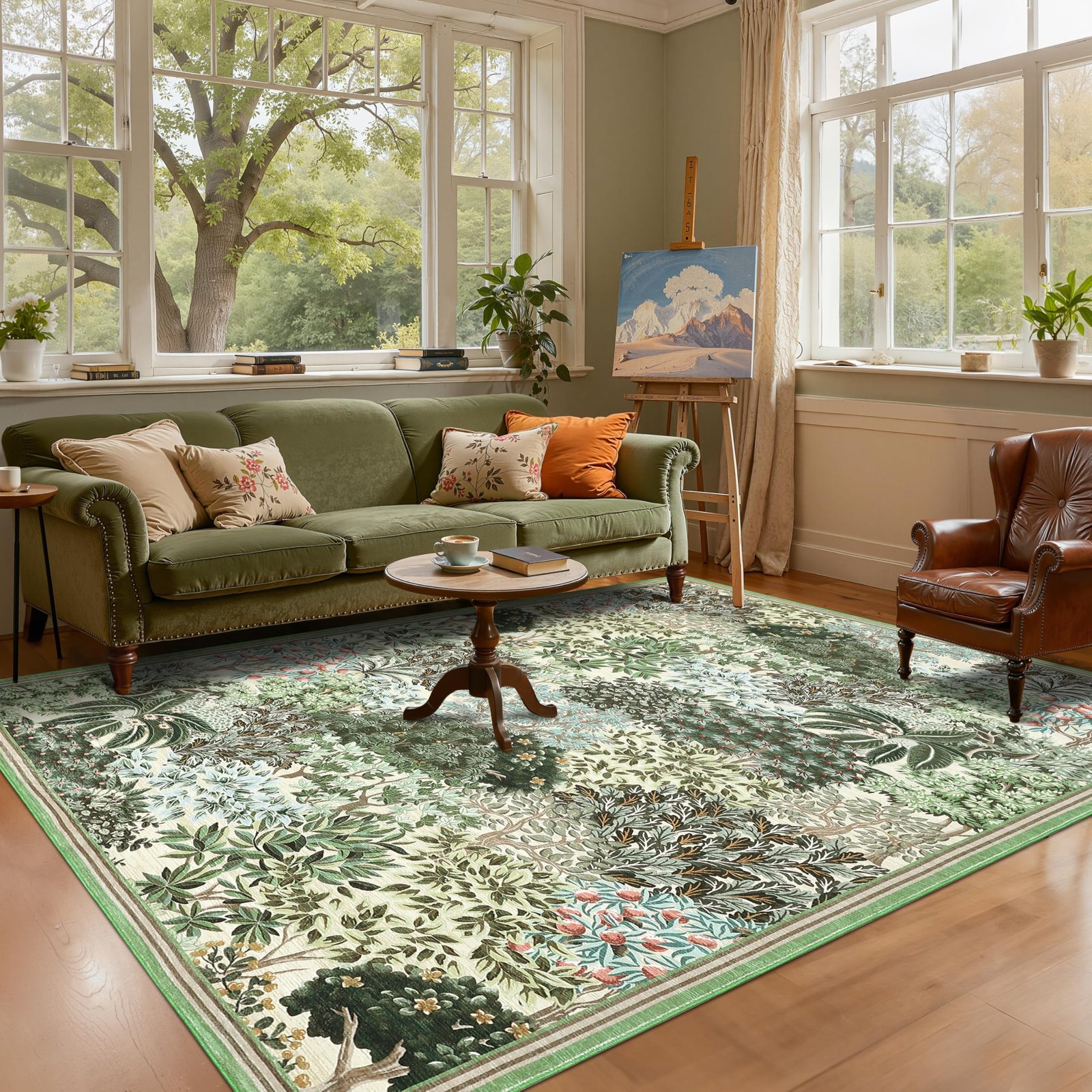 LocalStock Forest Rugs 5x7, Dark Green Washable Area Rugs for Living Room 5x7, Botanical Low Pile Non Slip Stain Resistance Woodland Rug for Farmhouse, Bedroom, Dining Room - Image 4