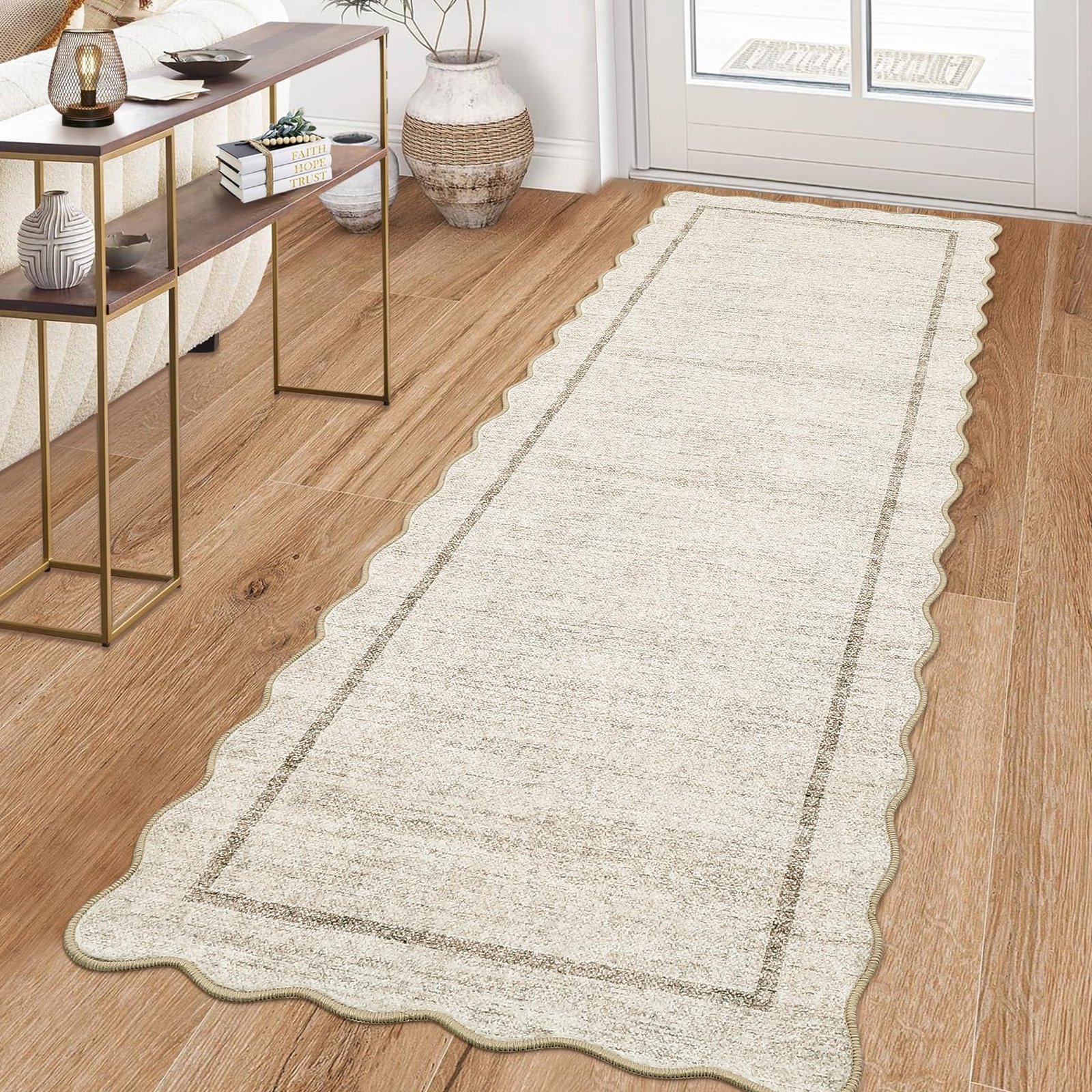 LocalStock Scalloped Washable Kitchen Runner Rug 2x8, Beige Runners for Hallway, Non Slip Boho Soft Bathroom Throw Mat Bordered Carpet Runner for Laundry Entryway Bedroom 2 ft x8 ft Beige - Image 39