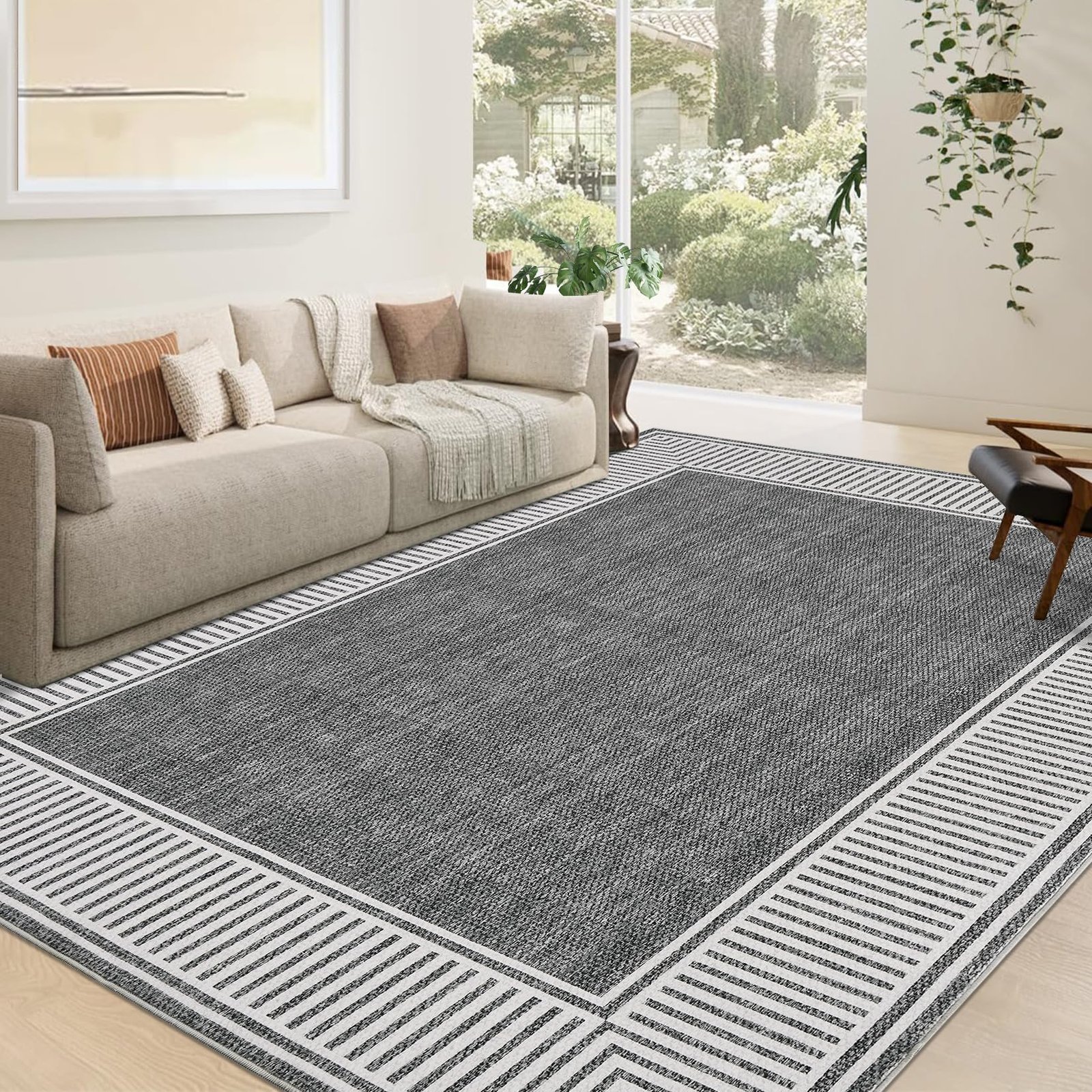 LocalStock Washable Rug 5x7 for Bedroom Large Living Room Rug with Rubber Backing Casual Striped Border Throw Carpet Modern Contemporary Area Rug for Dining Room Nursery Entry, Khaki - Image 13