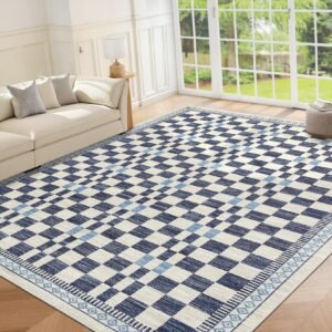 LocalStock 5x7 Area Rug for Baby Room Non-Slip Low Pile Stain-Resistant Living Room Carpet Modern Abstract Checkered Dining Rugs No-Shedding Machine Washable Area Rug for Dorm Home Office Bedroom Blue